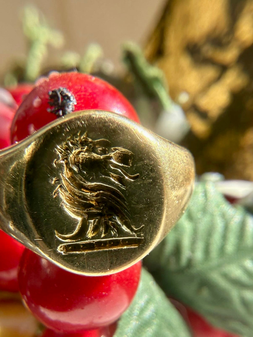 Vintage English 18k Lion Signet Ring
