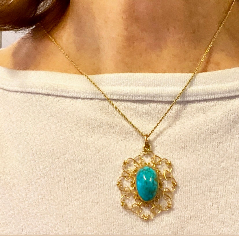 Arts and Crafts Turquoise in Gold Pendant
