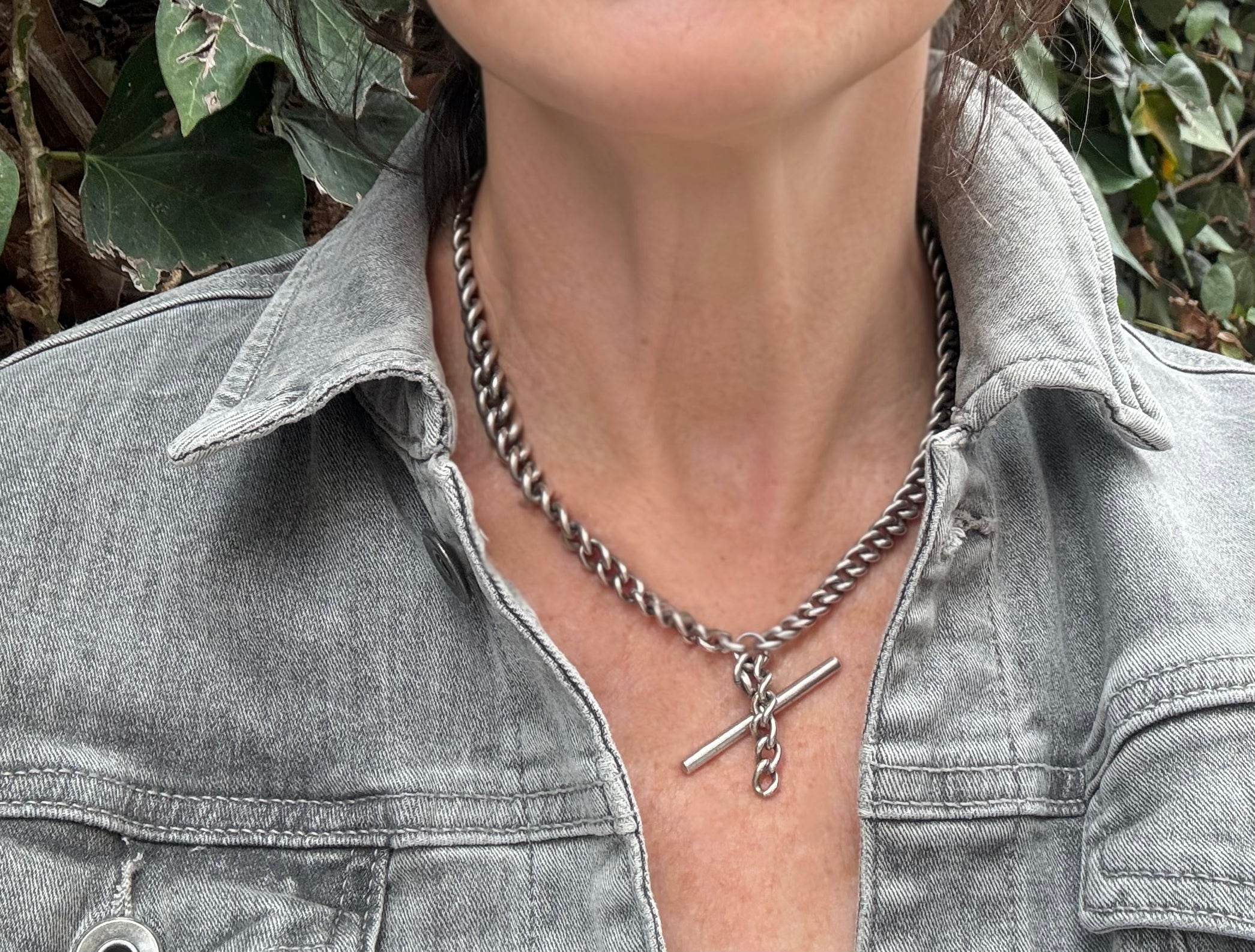 Antique Heavy Sterling Silver Double Albert Curb Watch Chain