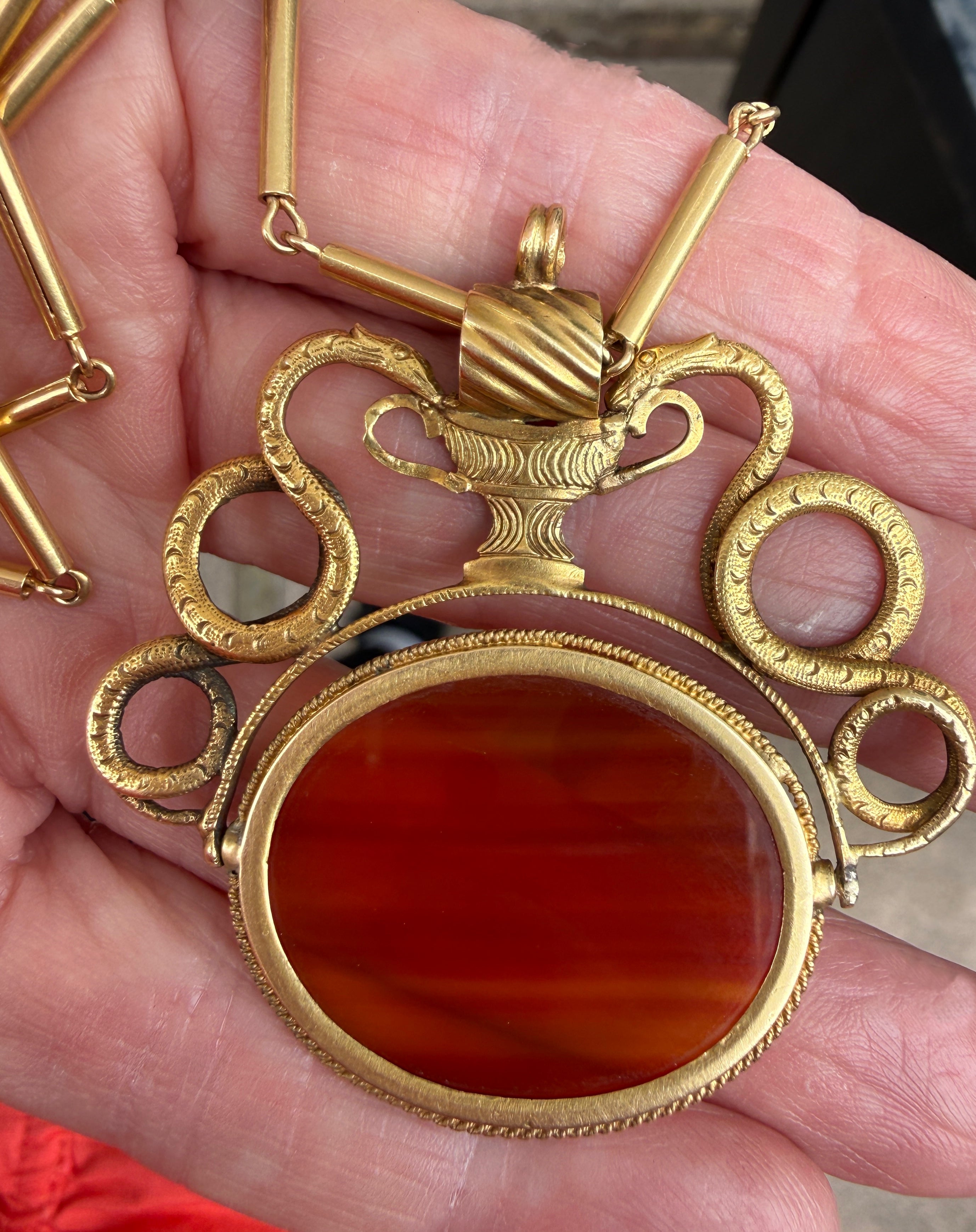 Antique Carnelian and 18k Gold Pendant with Heraldic Serpents