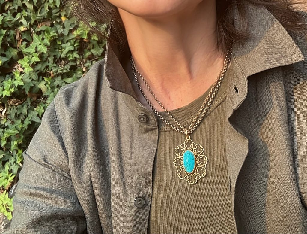 Arts and Crafts Turquoise in Gold Pendant