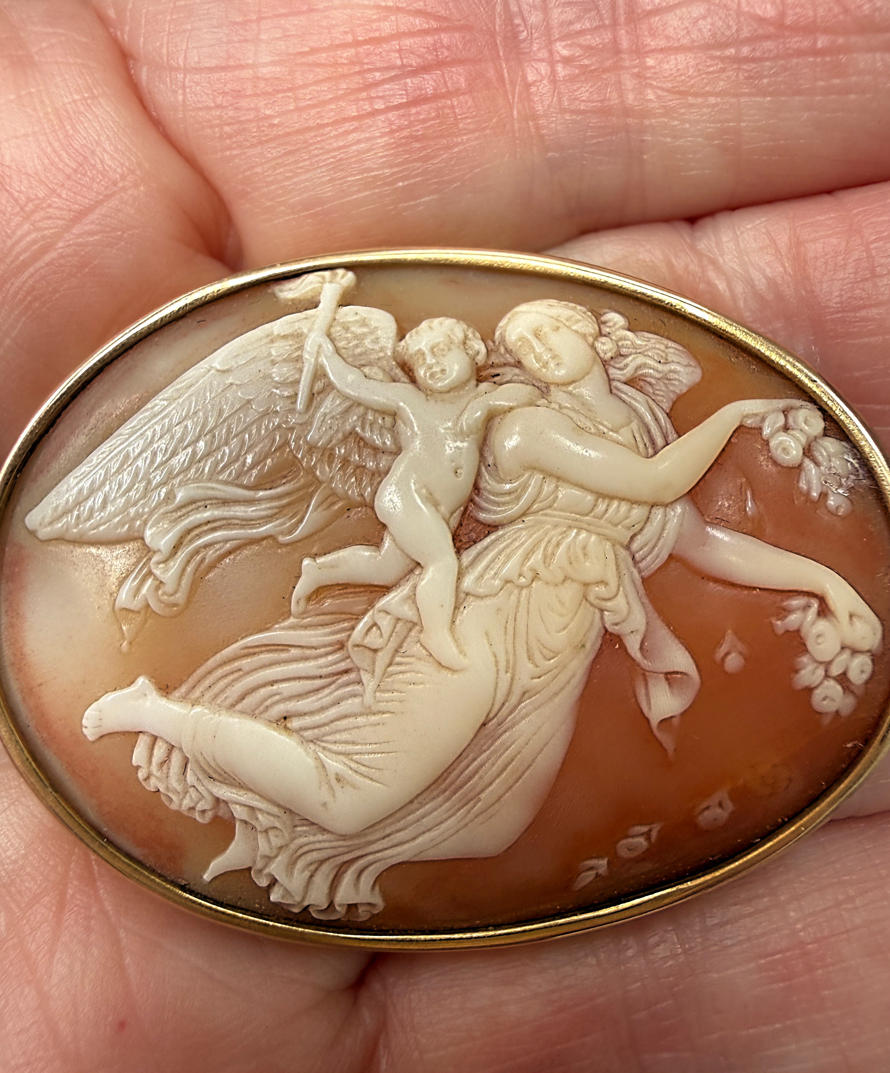 Shell Cameo Brooch — Aurora and Cupid