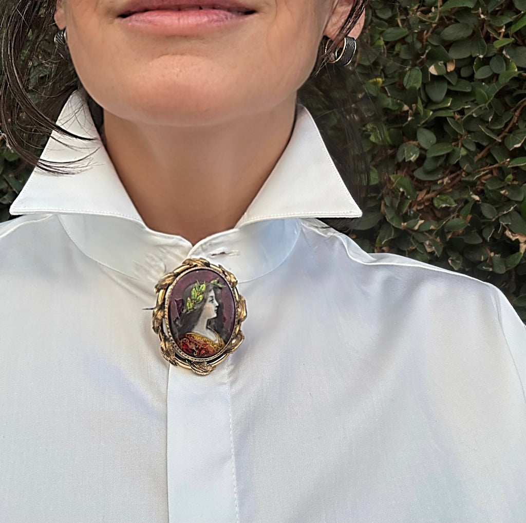 Antique Limoges 18k Gold Enamel Portrait Brooch – Signed Jules Sarlandie