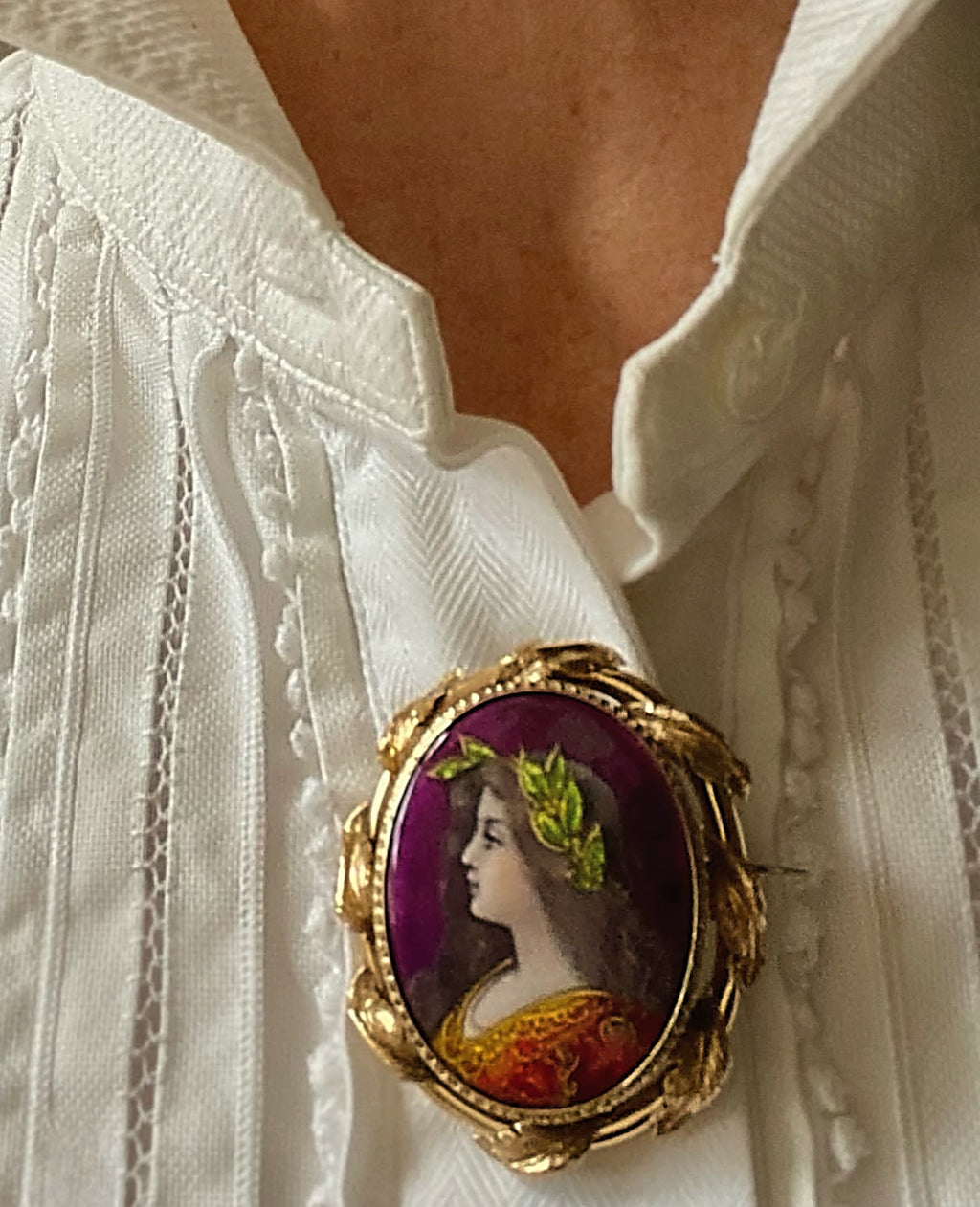 Antique Limoges 18k Gold Enamel Portrait Brooch – Signed Jules Sarlandie