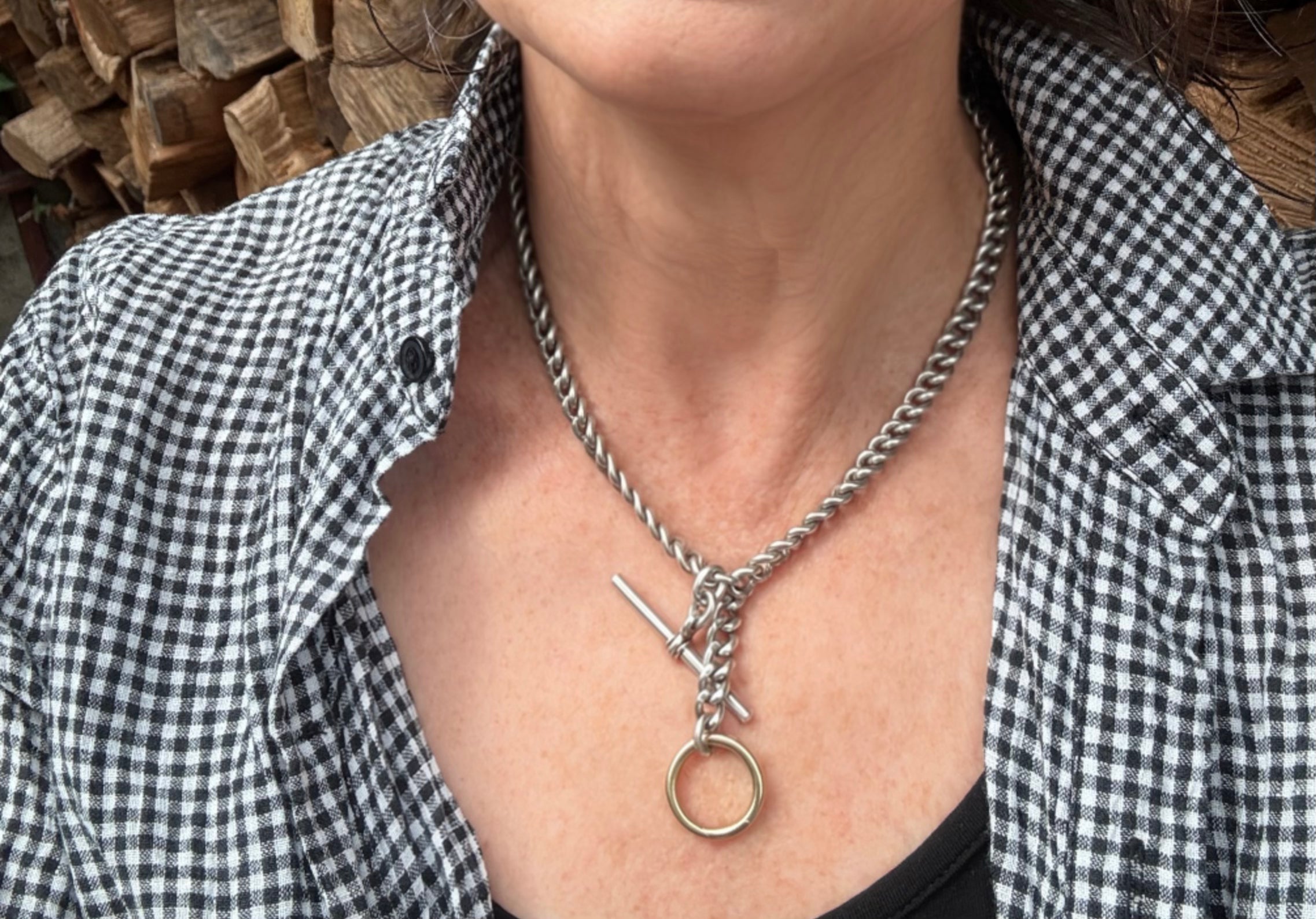 Antique Sterling Silver double Albert watch chain with Spring ring