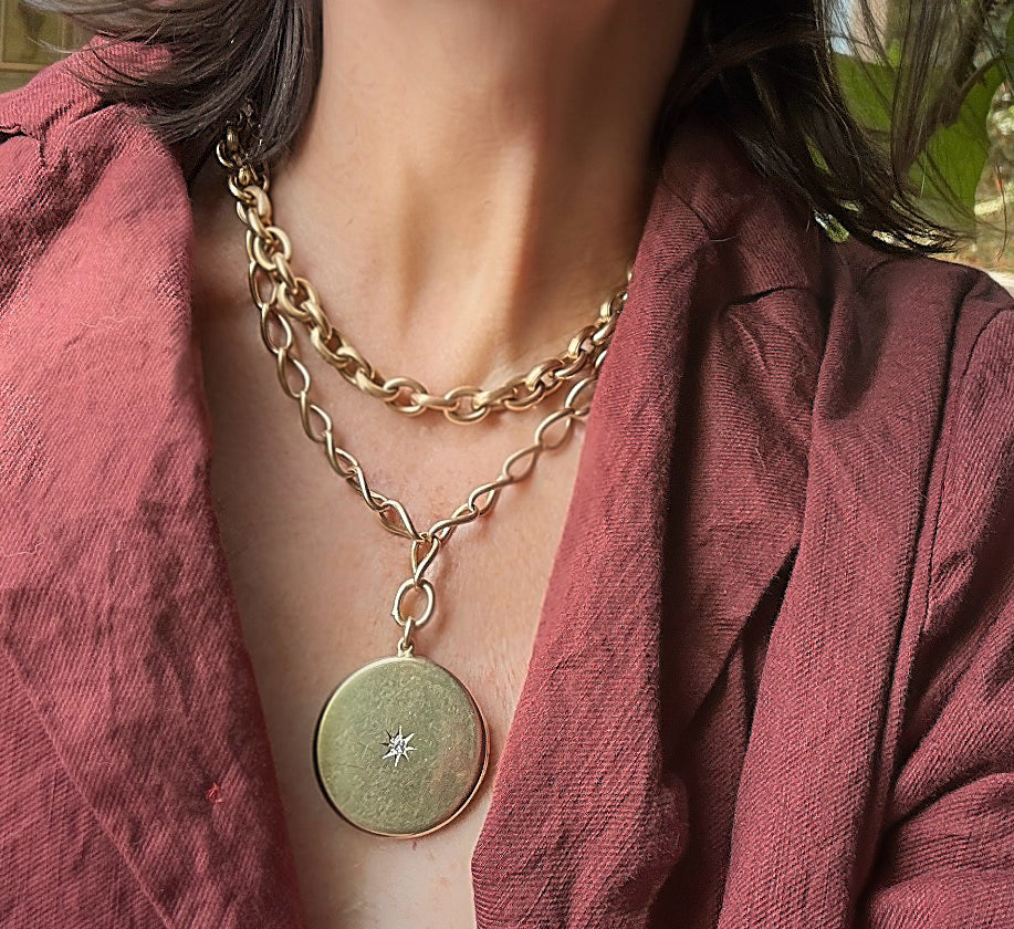 Antique English 18k Gold Disc Locket with Old Mine Cut Diamond