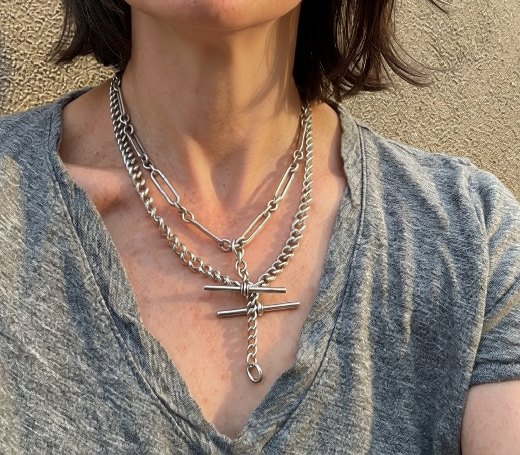 Weighty Antique Sterling Silver Graduated Curb Watch Chain