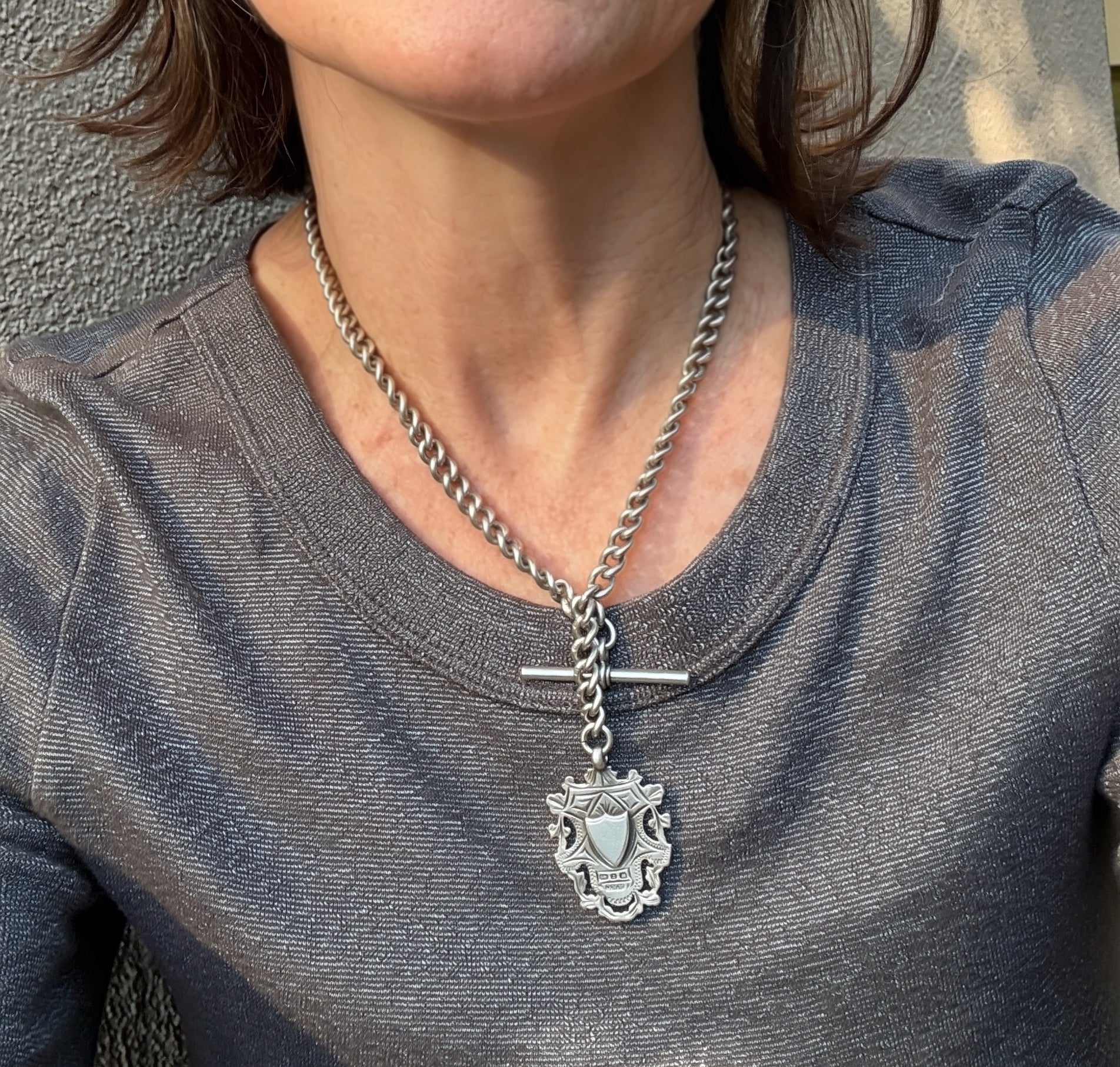 Antique Sterling Silver double Albert watch chain with Medal