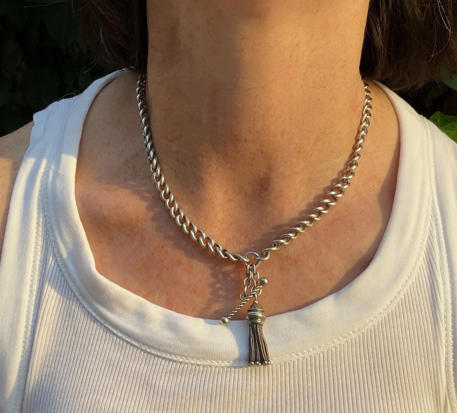 Antique Sterling Silver Curb Link Albert Chain with Fob Bar & Tassel