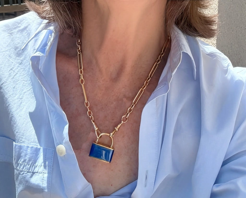 French Vintage 18k with Enamel Padlock Pendant