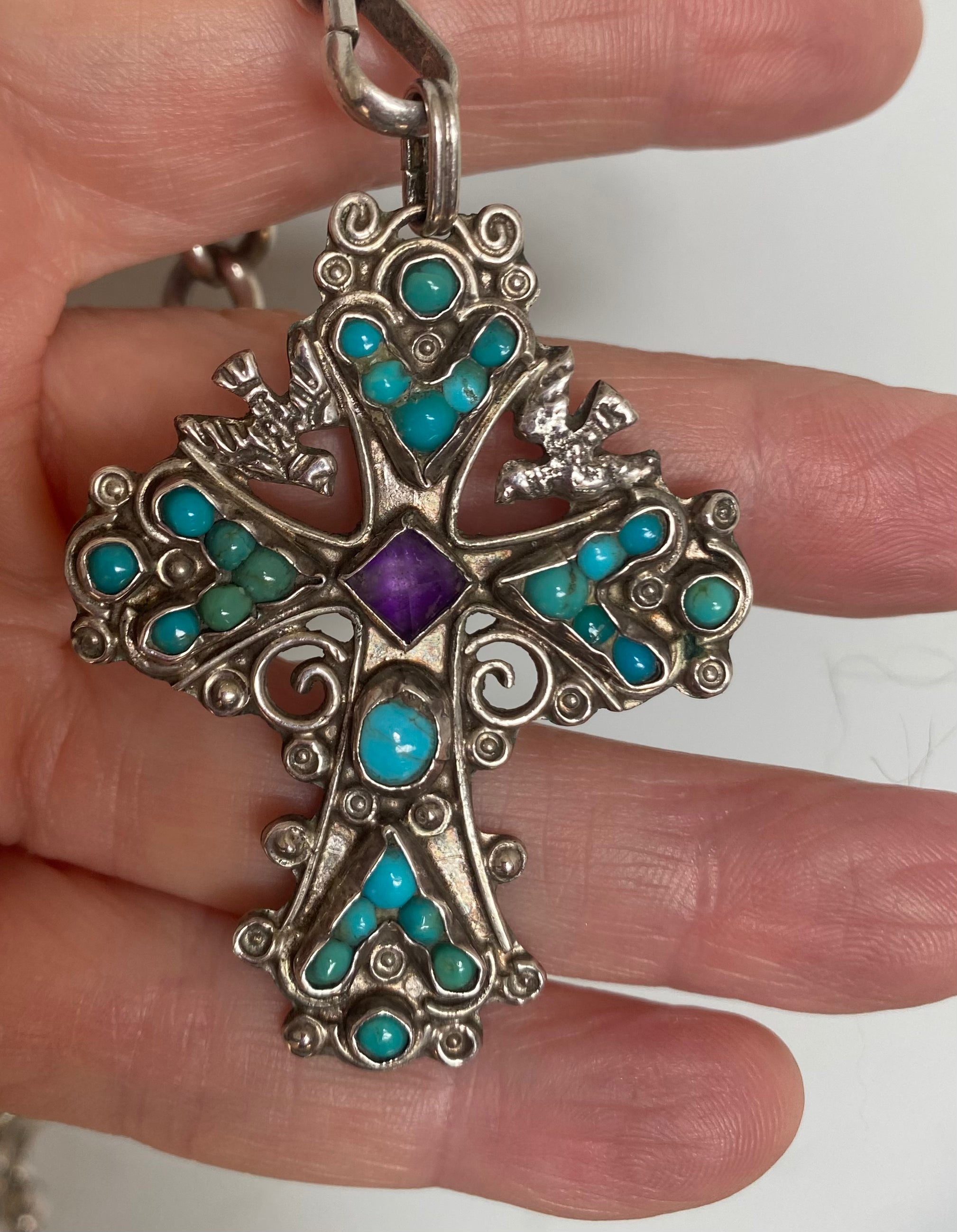 Handmade Mexican Sterling Silver Cross with Turquoise