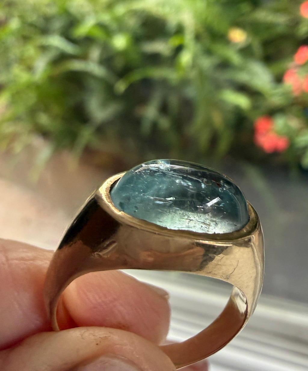 Contemporary Signet Ring with Aquamarine Cabochon