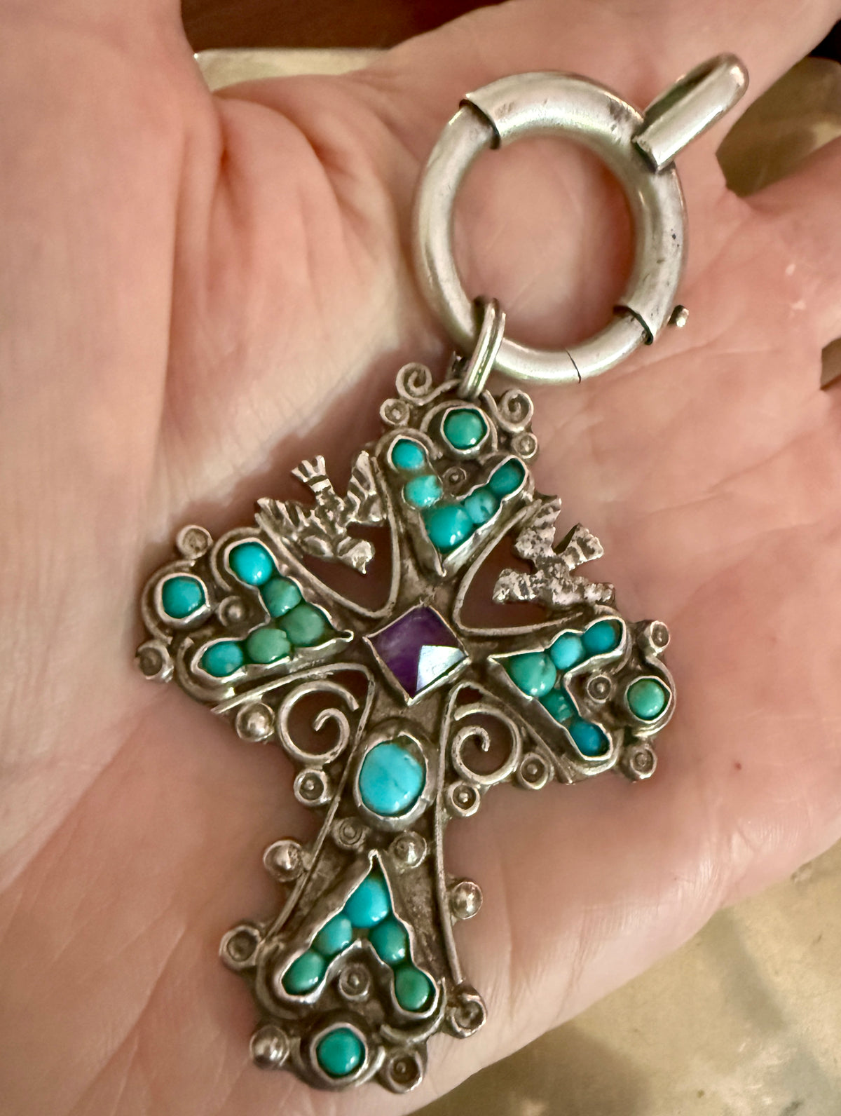 Handmade Mexican Sterling Silver Cross with Turquoise