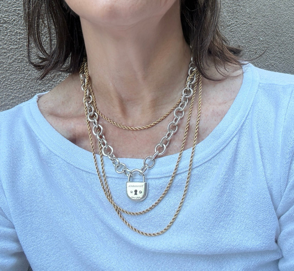 Vintage Tiffany Sterling Silver Cable Necklace with Padlock and Clasping end links