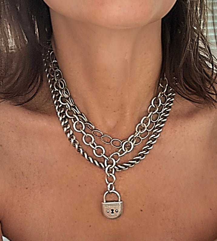 Vintage Tiffany Sterling Silver Cable Necklace with Padlock and Clasping end links