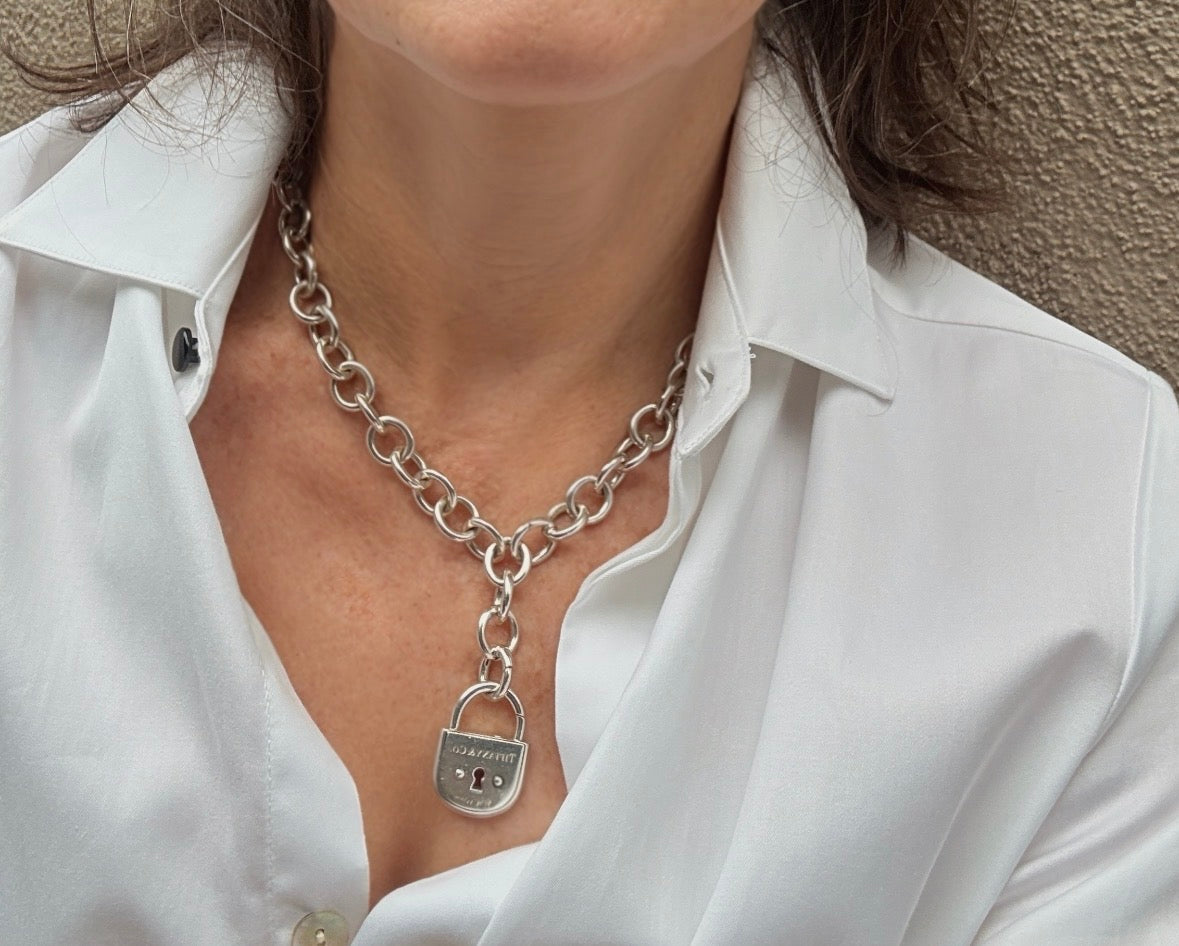 Vintage Tiffany Sterling Silver Cable Necklace with Padlock and Clasping end links