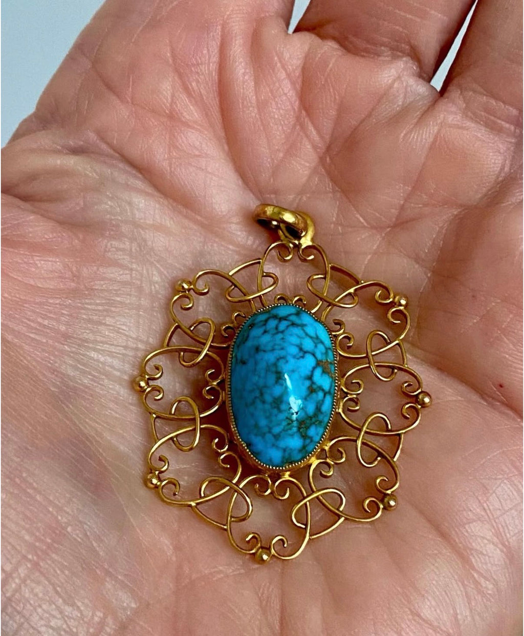 Arts and Crafts Turquoise in Gold Pendant