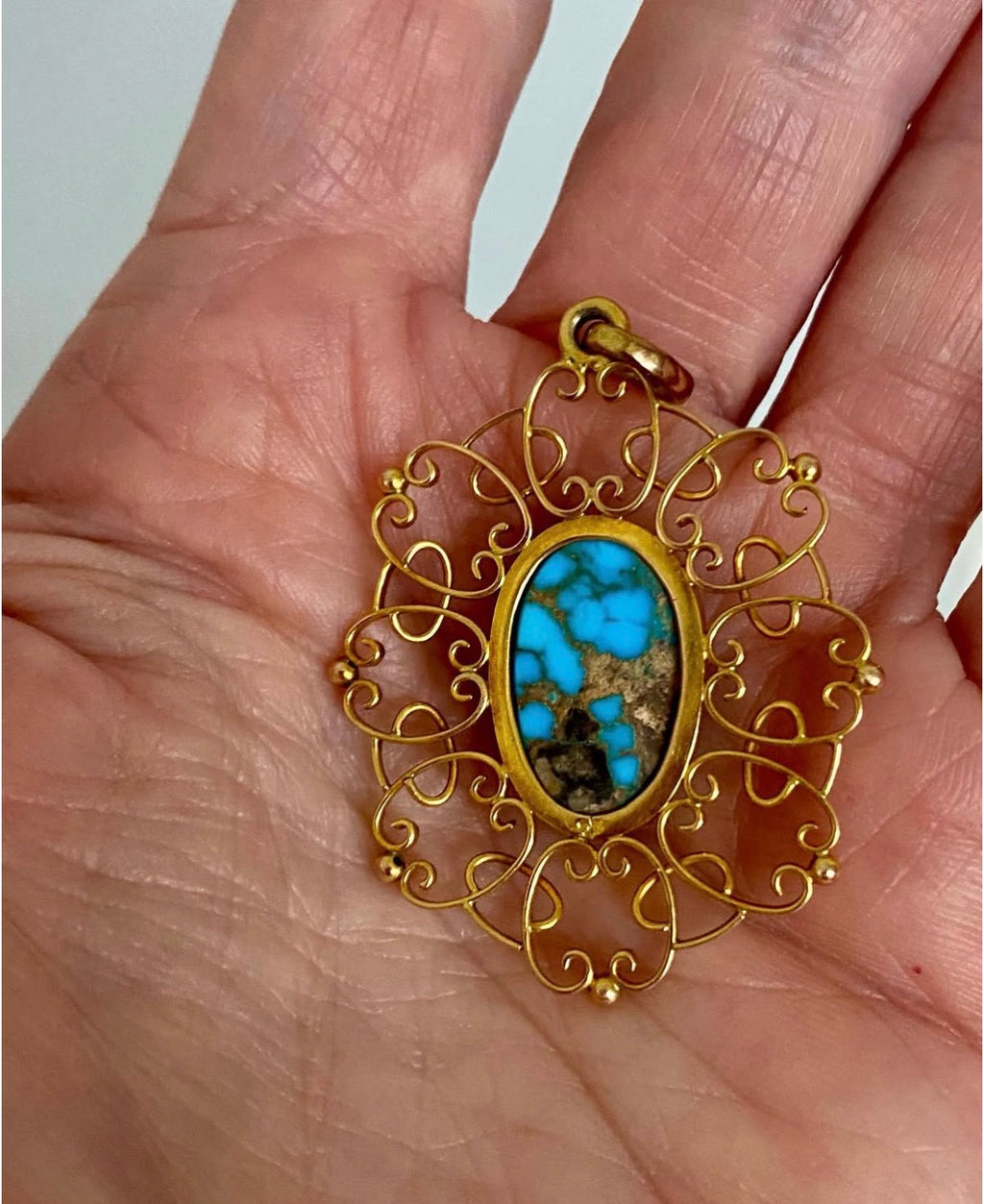 Arts and Crafts Turquoise in Gold Pendant