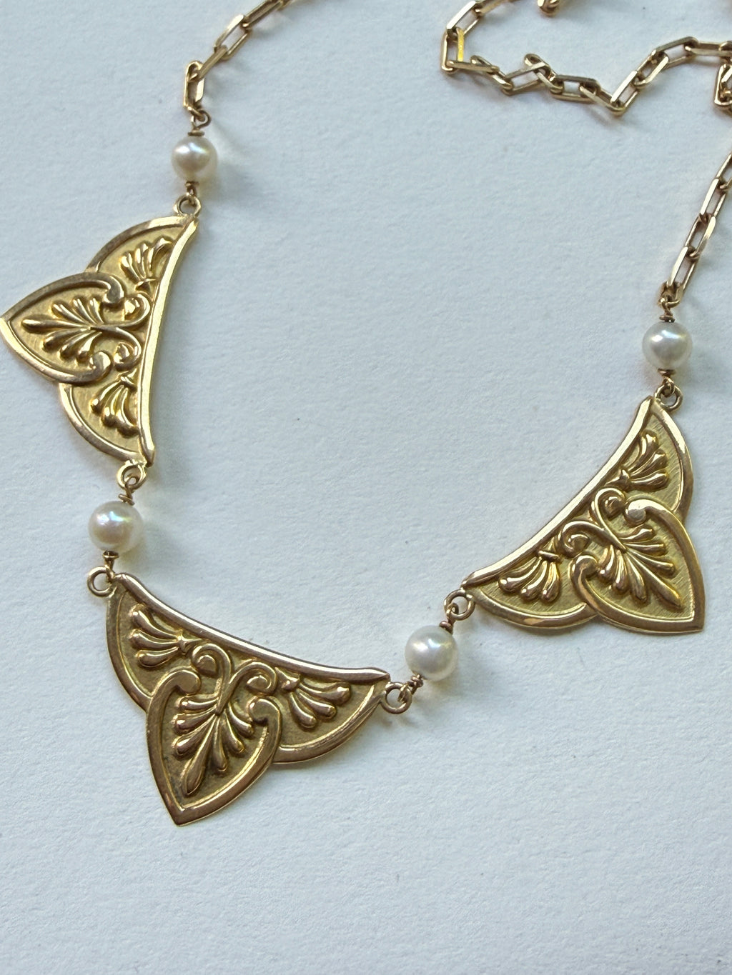 Vintage French 18k Panel Necklace with Pearls