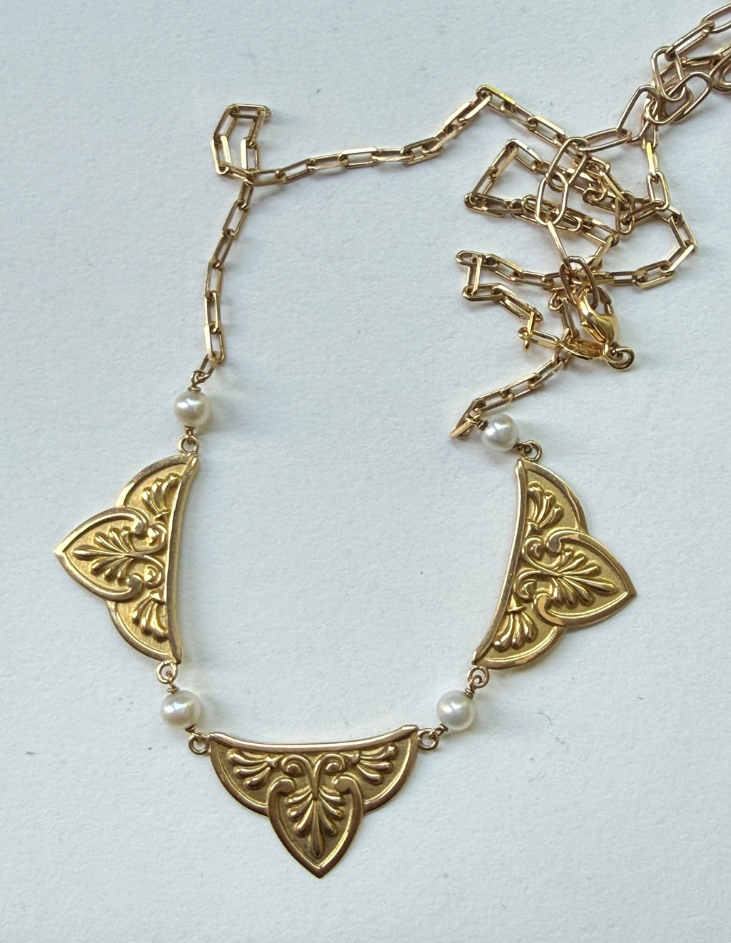 Vintage French 18k Panel Necklace with Pearls