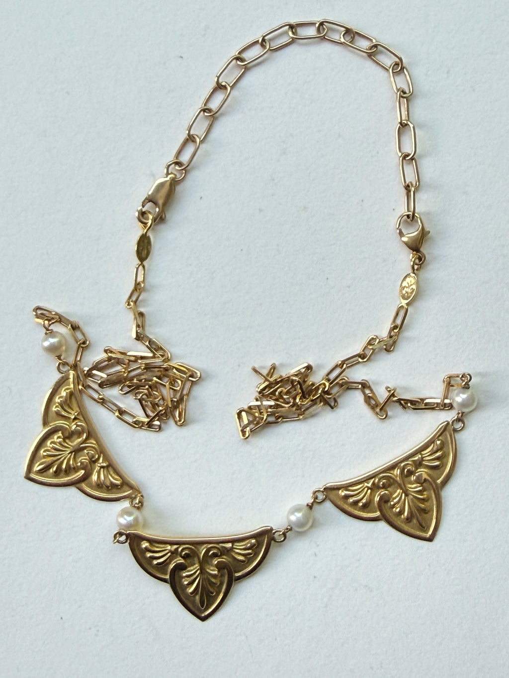 Vintage French 18k Panel Necklace with Pearls
