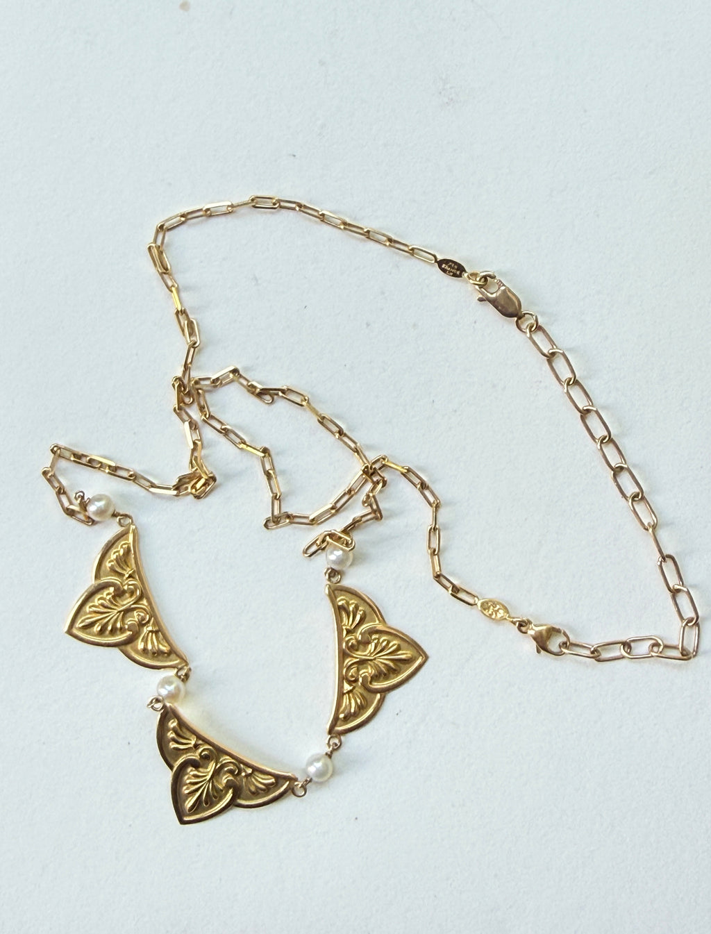Vintage French 18k Panel Necklace with Pearls
