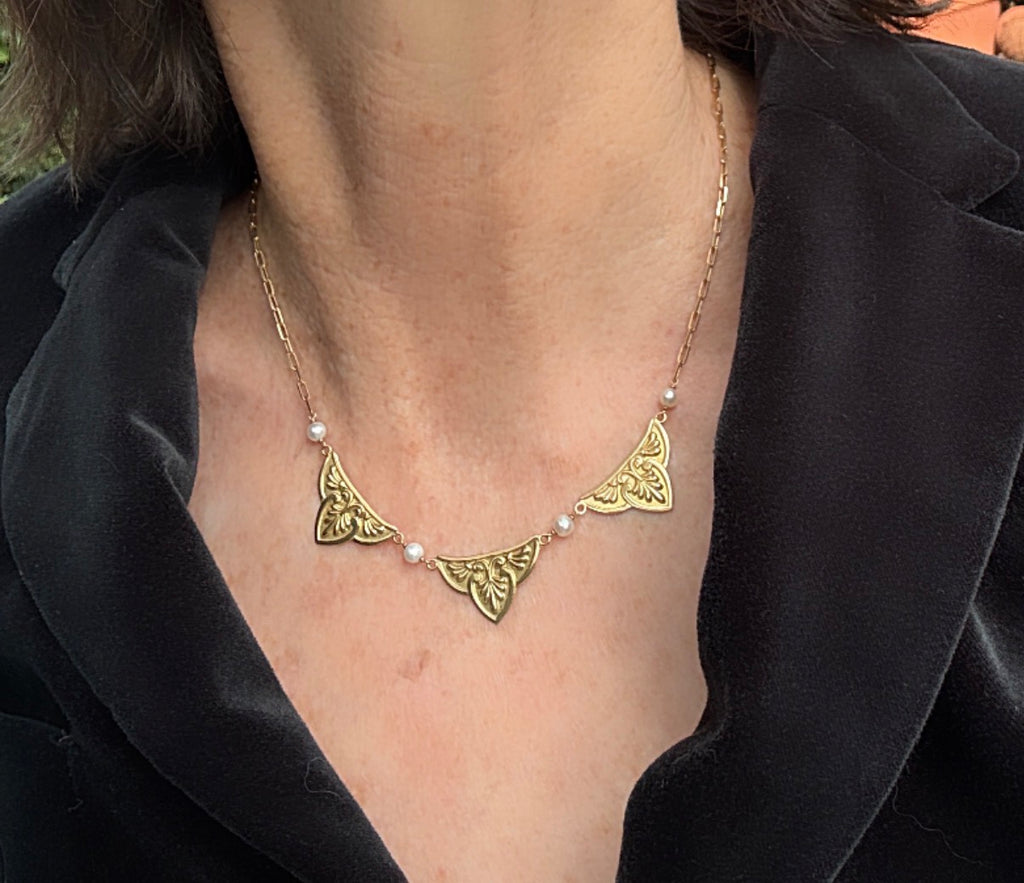 Vintage French 18k Panel Necklace with Pearls