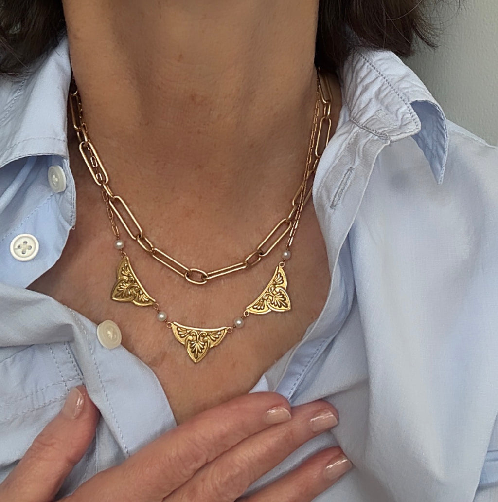 Vintage French 18k Panel Necklace with Pearls