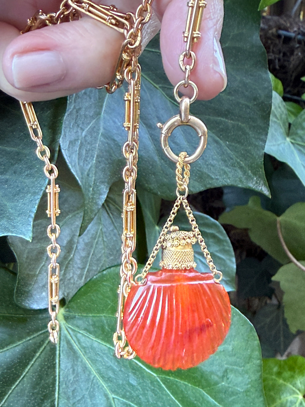 Antique Carved Carnelian Shell Scent Bottle Pendant