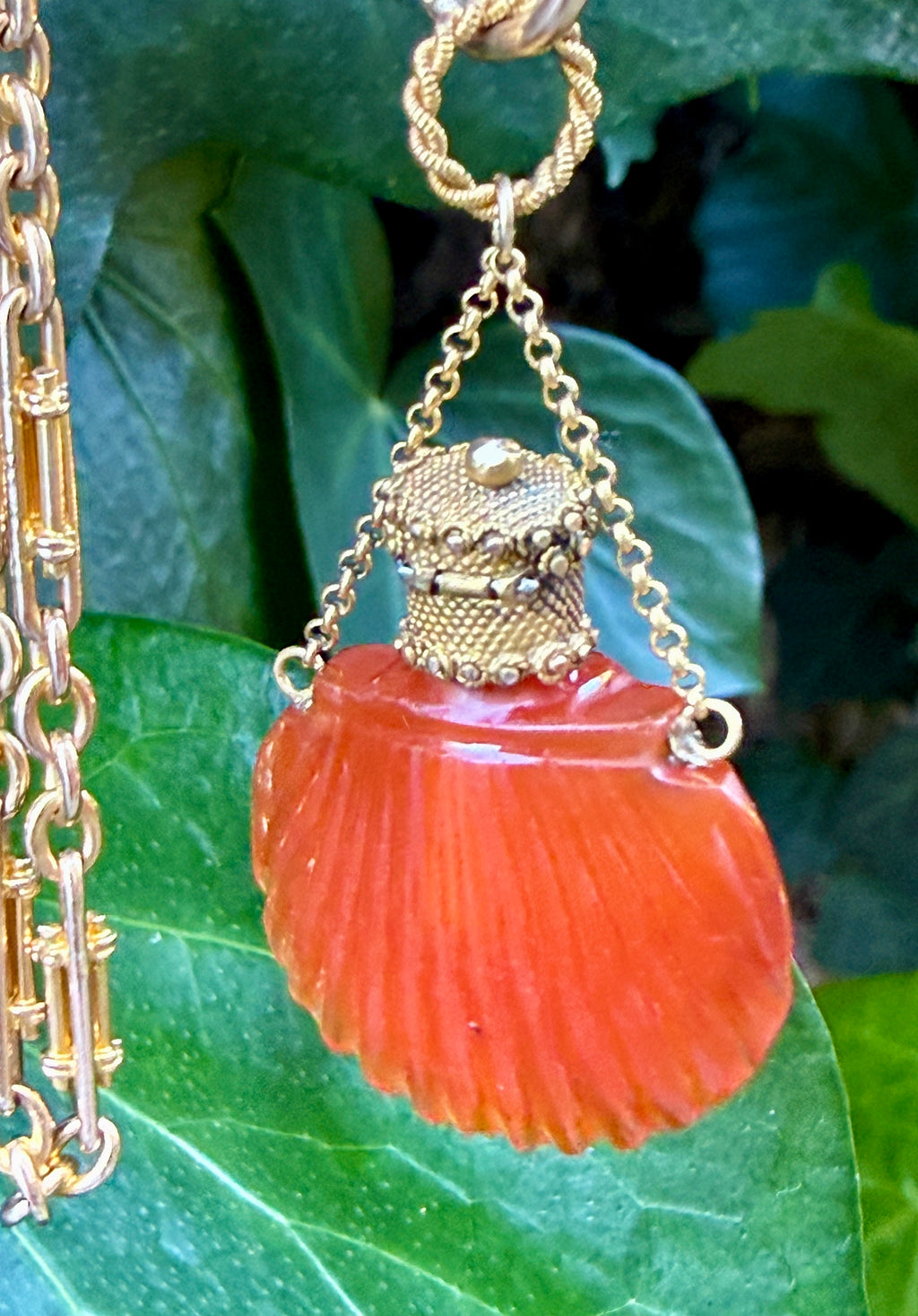 Antique Carved Carnelian Shell Scent Bottle Pendant