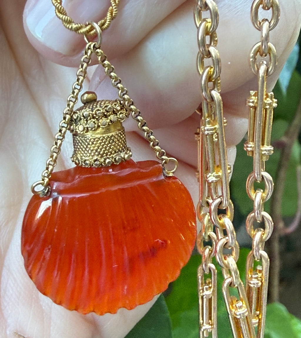 Antique Carved Carnelian Shell Scent Bottle Pendant