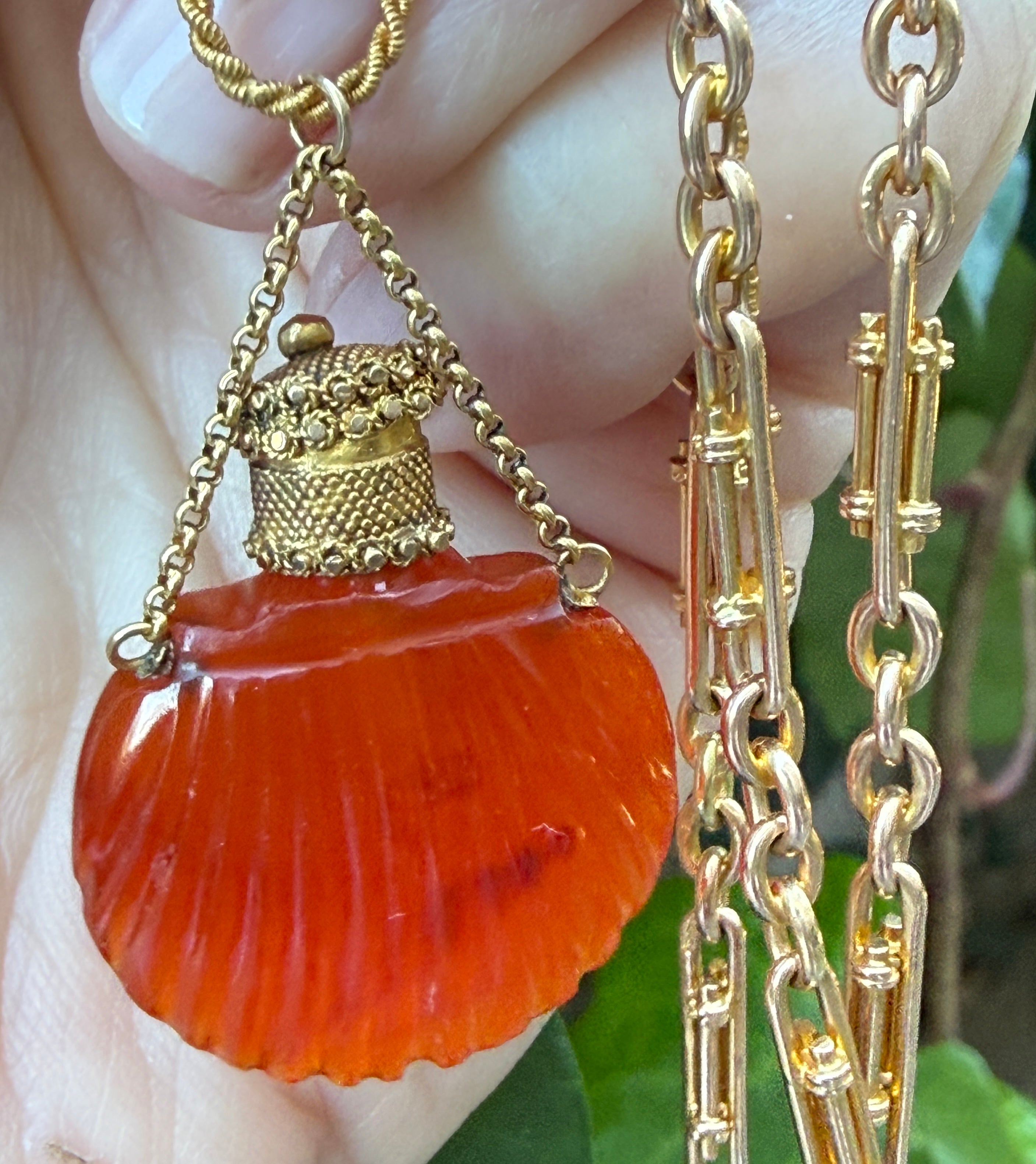 Antique Carved Carnelian Shell Scent Bottle Pendant