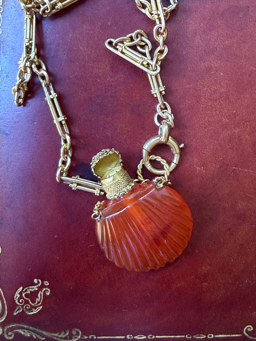 Antique Carved Carnelian Shell Scent Bottle Pendant