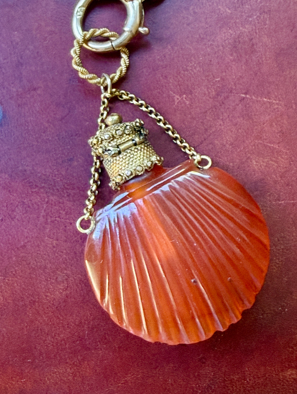Antique Carved Carnelian Shell Scent Bottle Pendant