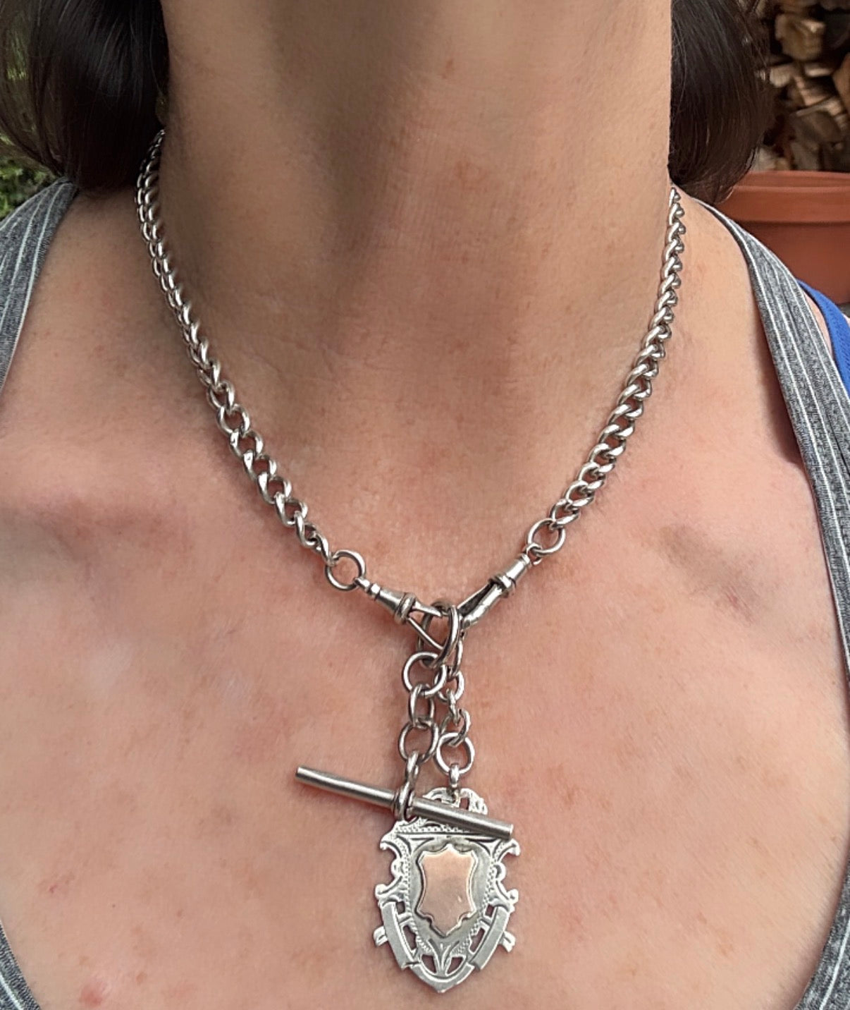 Antique Sterling Silver Watch Chain with Medal