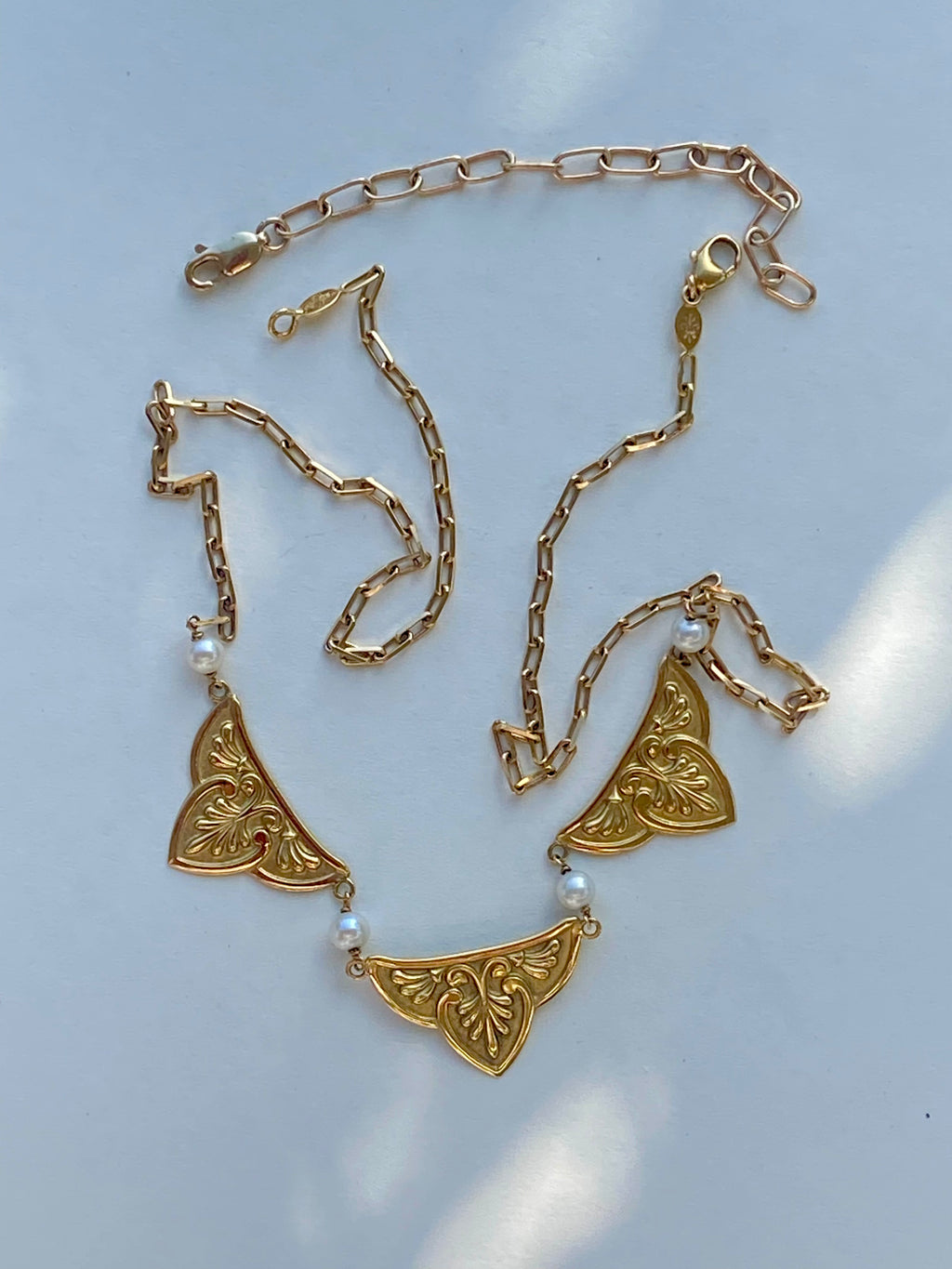 Vintage French 18k Panel Necklace with Pearls