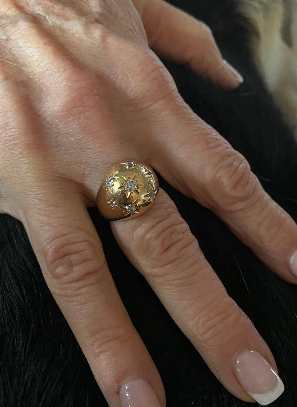 Vintage French Bombé Ring 18k Gold with Celestial Diamond Star Setting