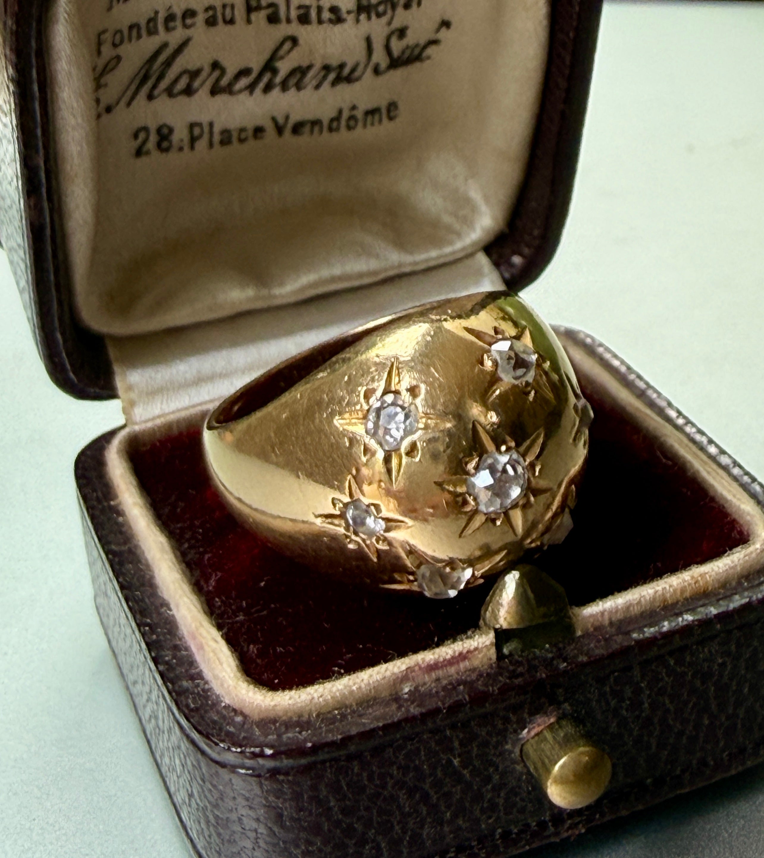 Vintage French Bombé Ring 18k Gold with Celestial Diamond Star Setting