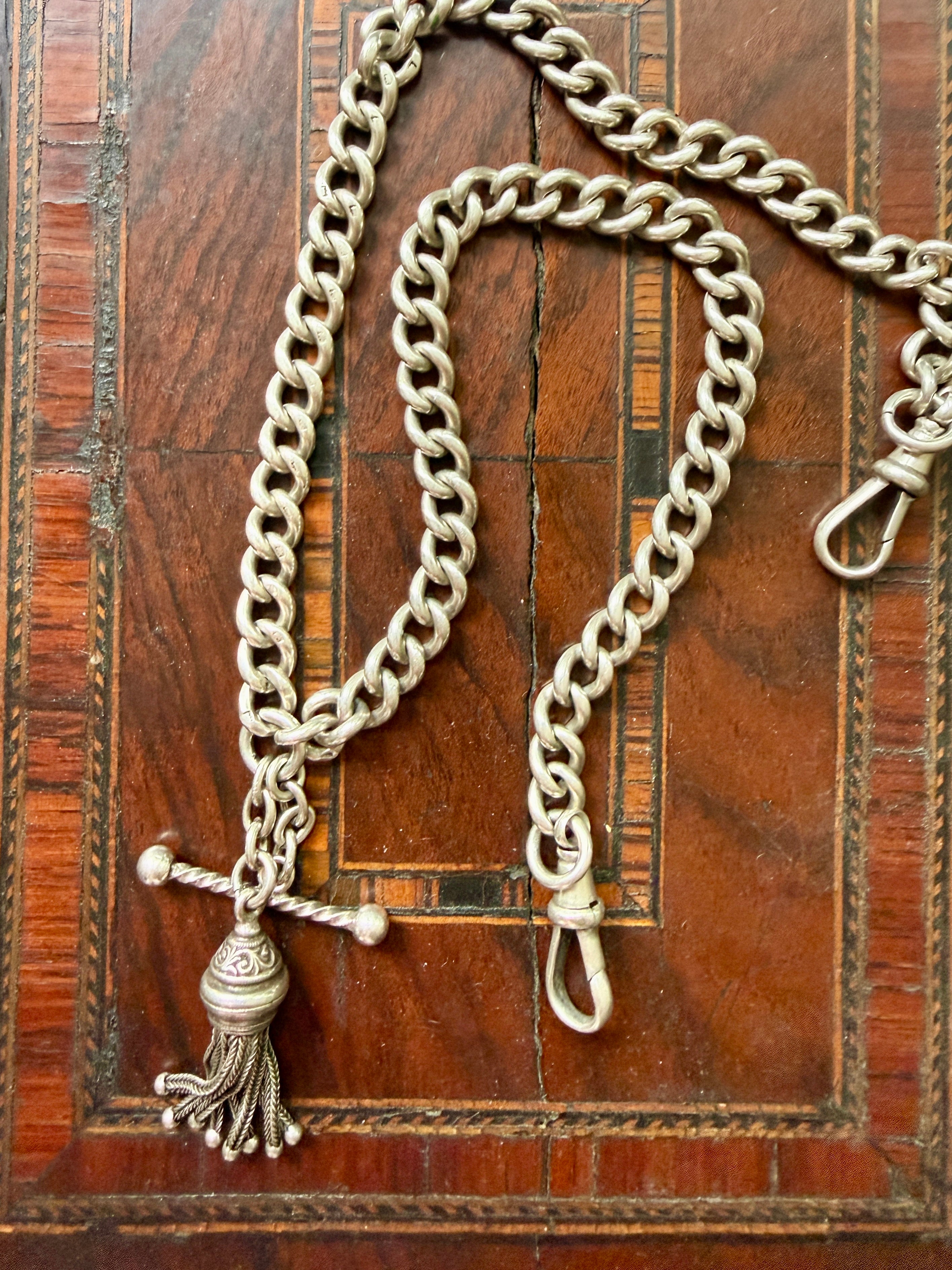 Antique Sterling Silver Curb Link Albert Chain with Fob Bar & Tassel