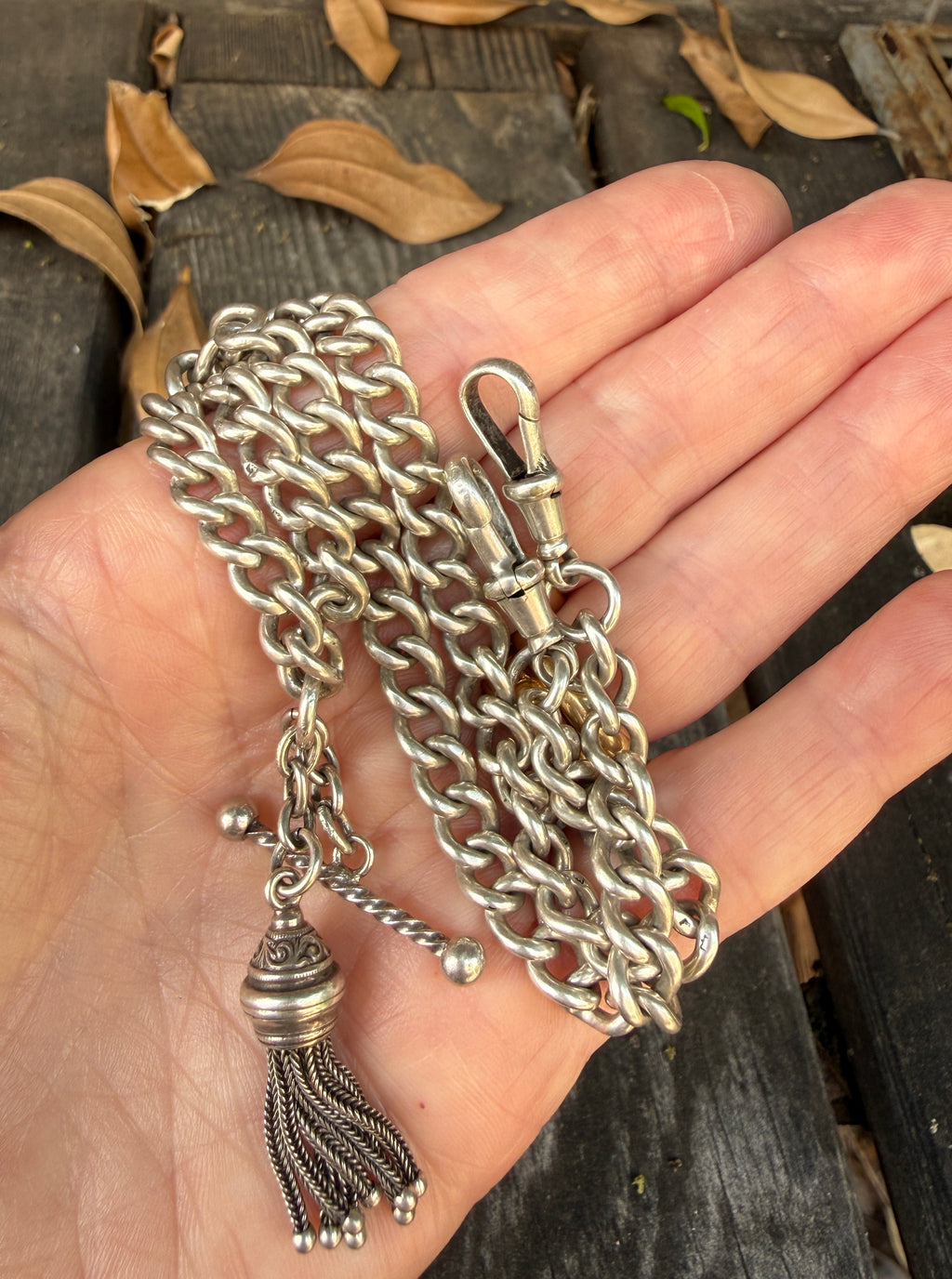 Antique Sterling Silver Curb Link Albert Chain with Fob Bar & Tassel