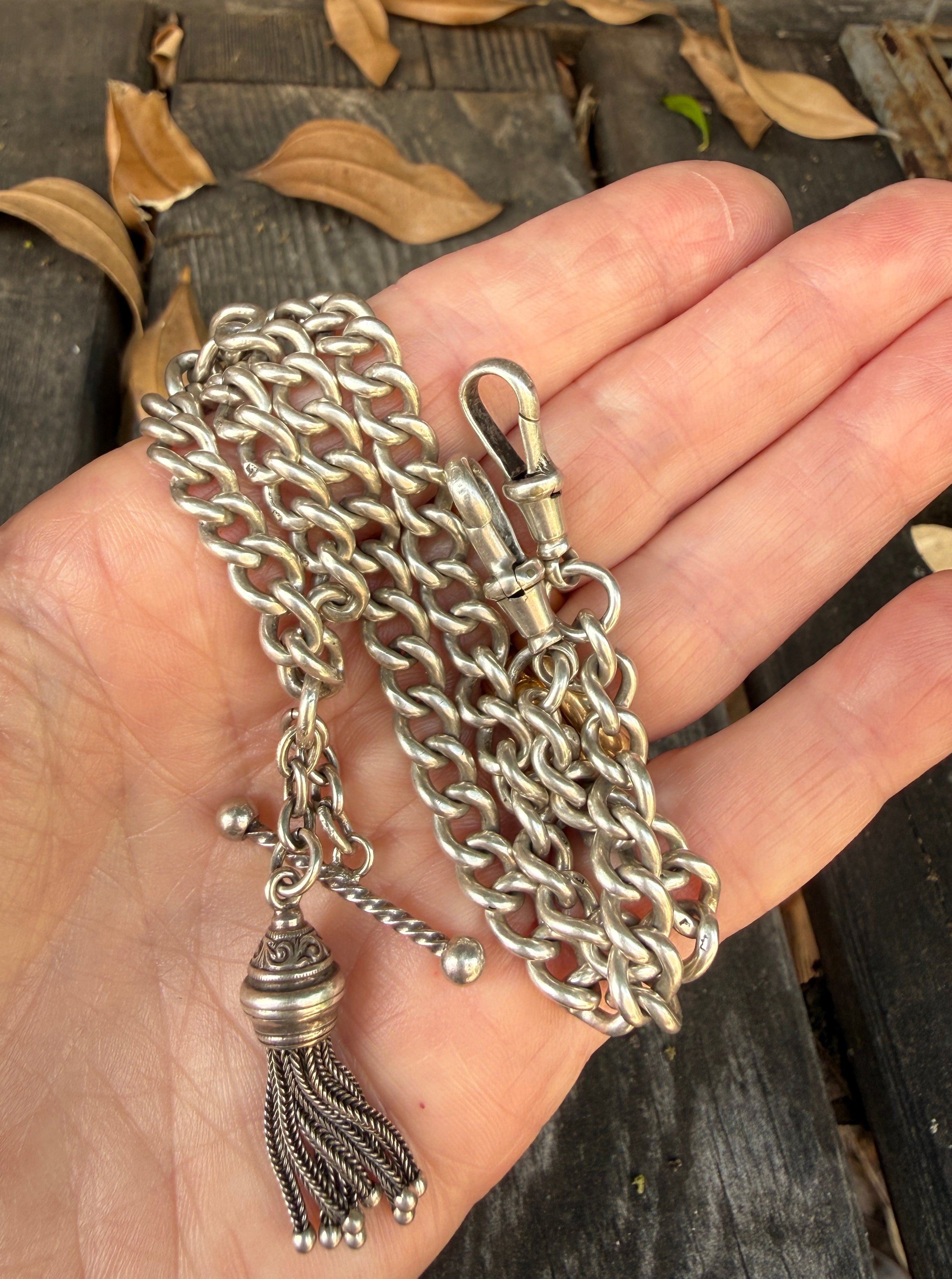 Antique Sterling Silver Curb Link Albert Chain with Fob Bar & Tassel