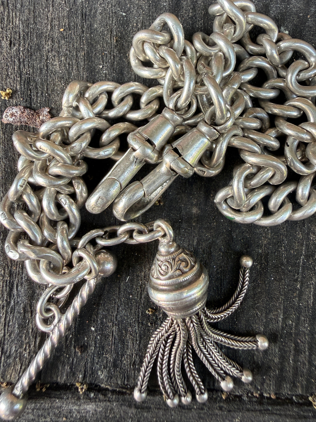 Antique Sterling Silver Curb Link Albert Chain with Fob Bar & Tassel