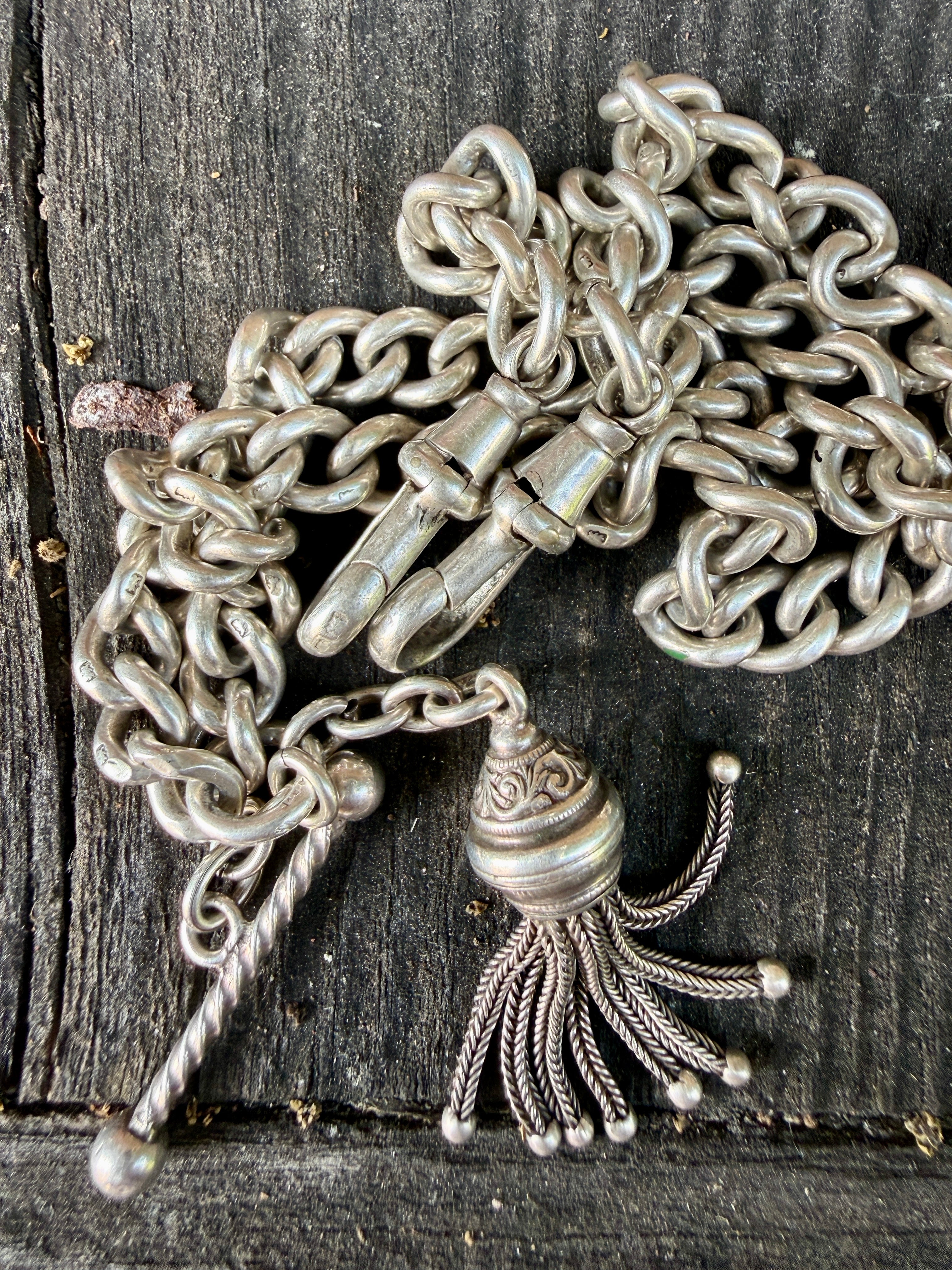 Antique Sterling Silver Curb Link Albert Chain with Fob Bar & Tassel