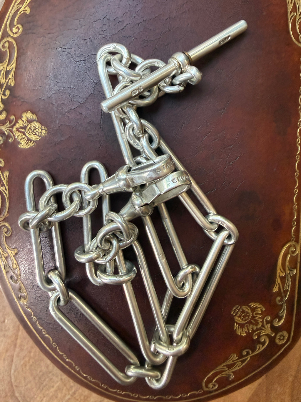 Antique Sterling Silver Double Albert Trombone Watch Chain with Extender