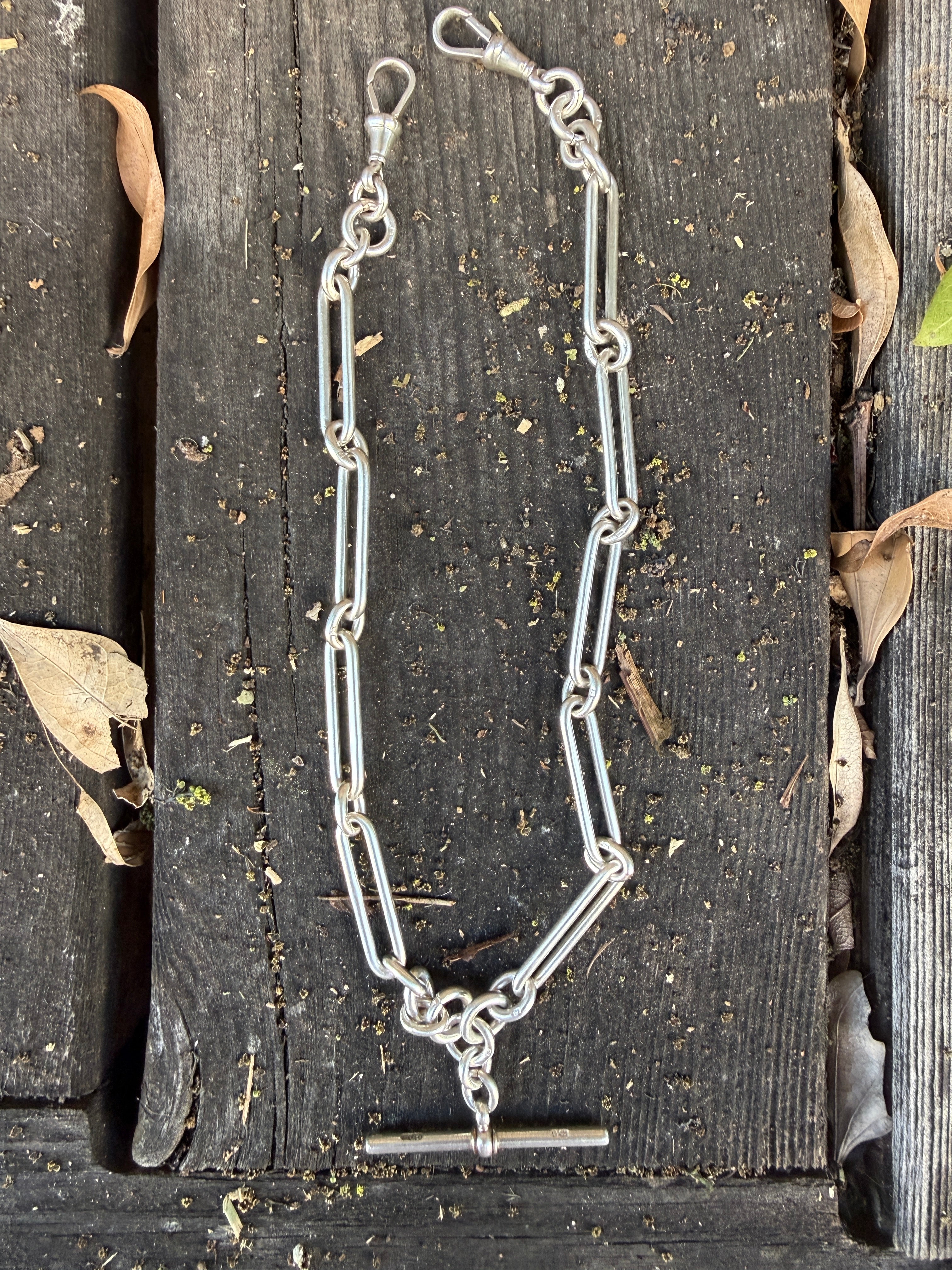 Antique Sterling Silver Double Albert Trombone Watch Chain with Extender