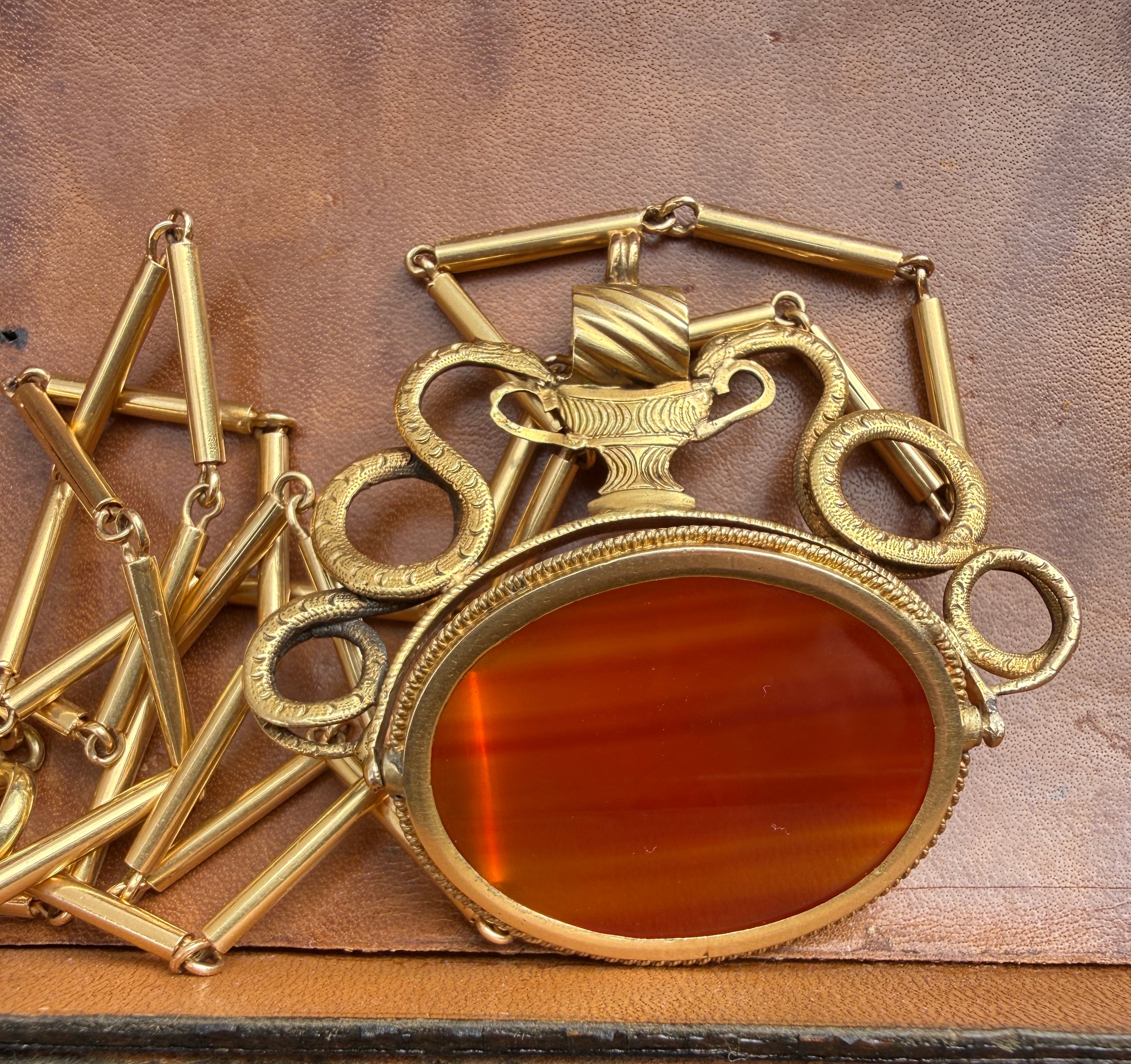Antique Carnelian and 18k Gold Pendant with Heraldic Serpents