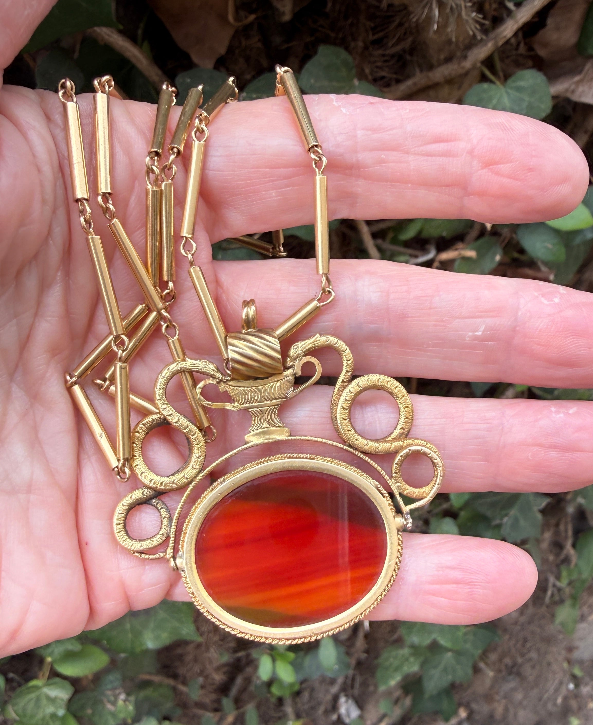 Antique Carnelian and 18k Gold Pendant with Heraldic Serpents