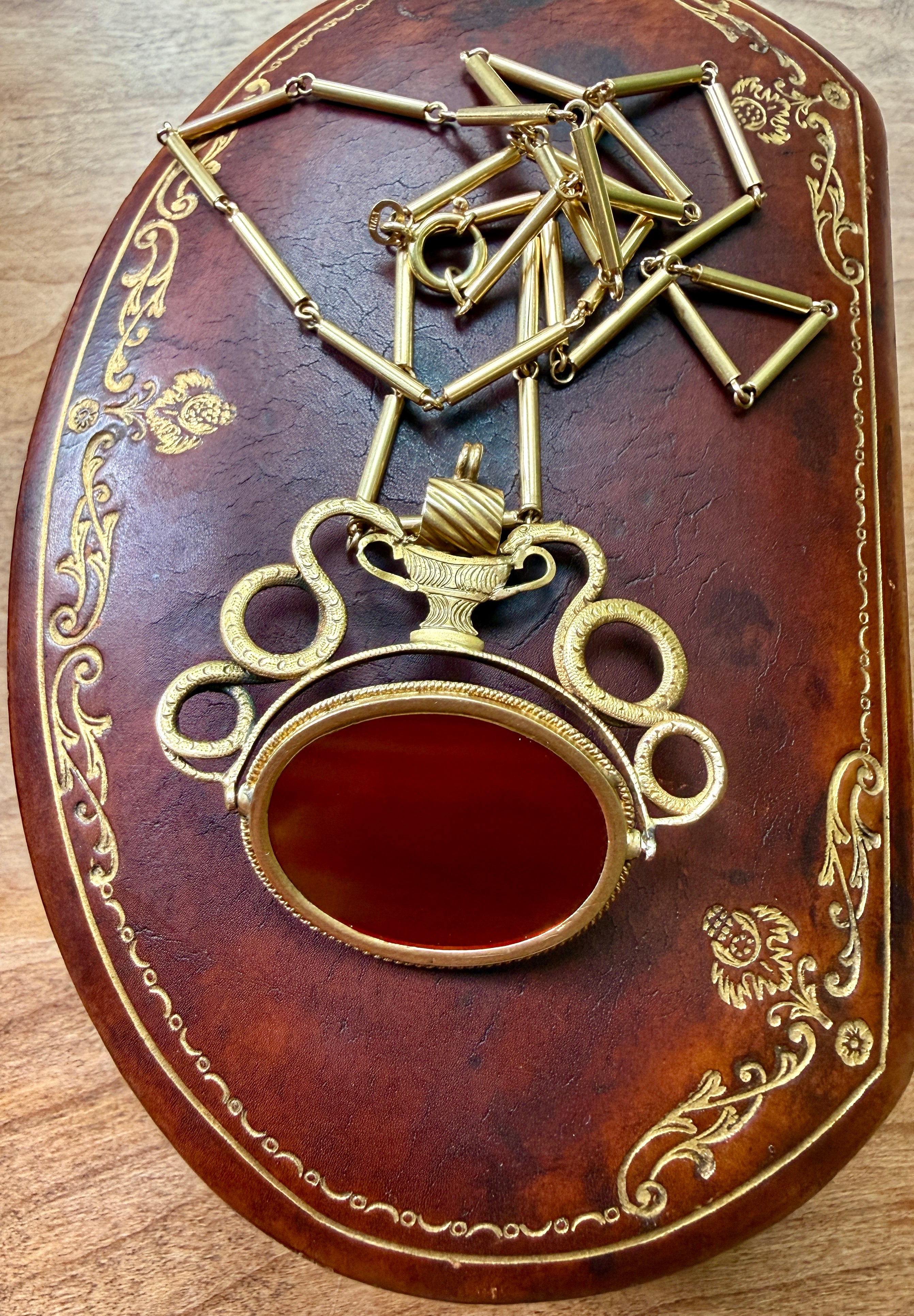 Antique Carnelian and 18k Gold Pendant with Heraldic Serpents