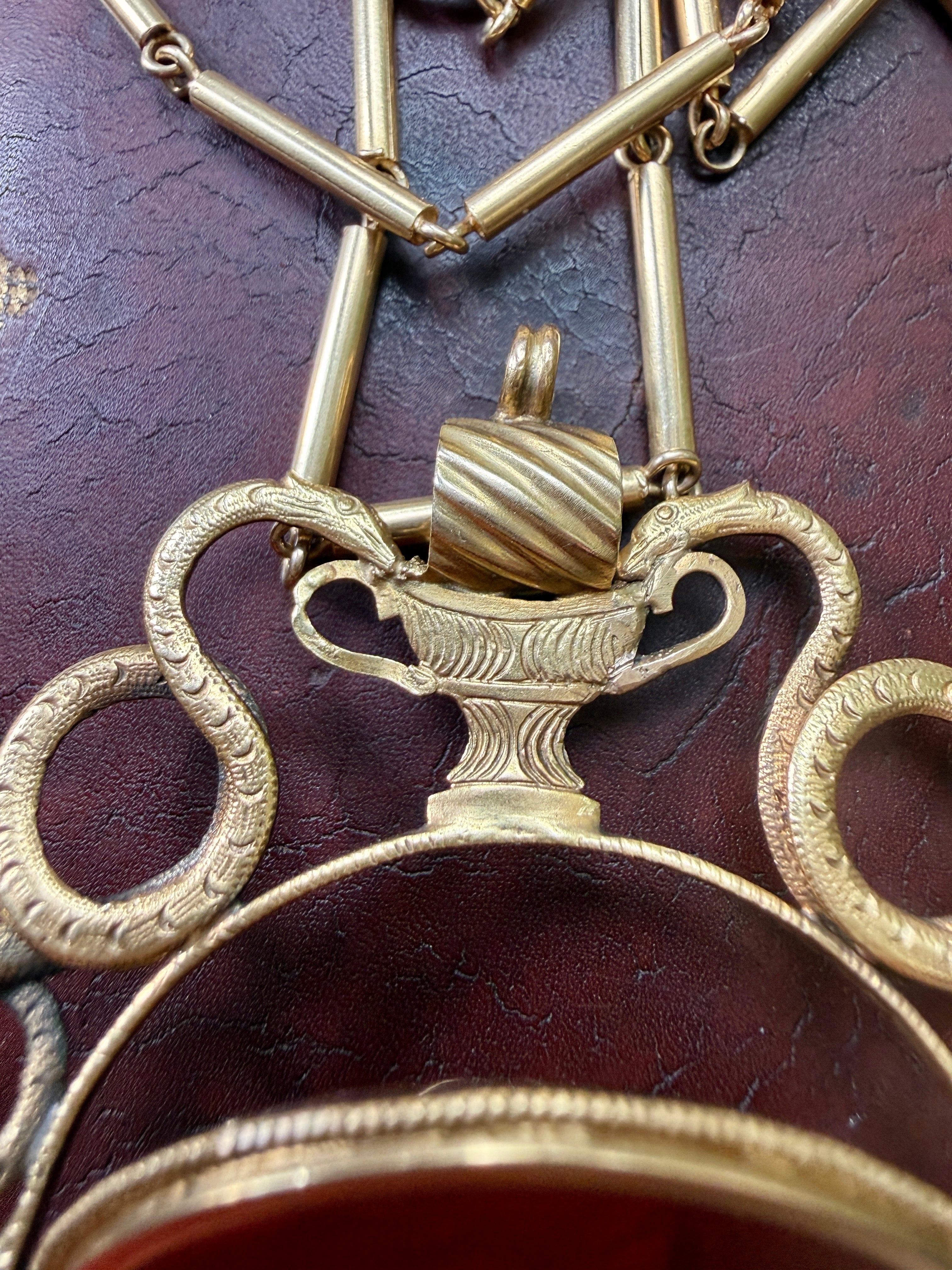 Antique Carnelian and 18k Gold Pendant with Heraldic Serpents