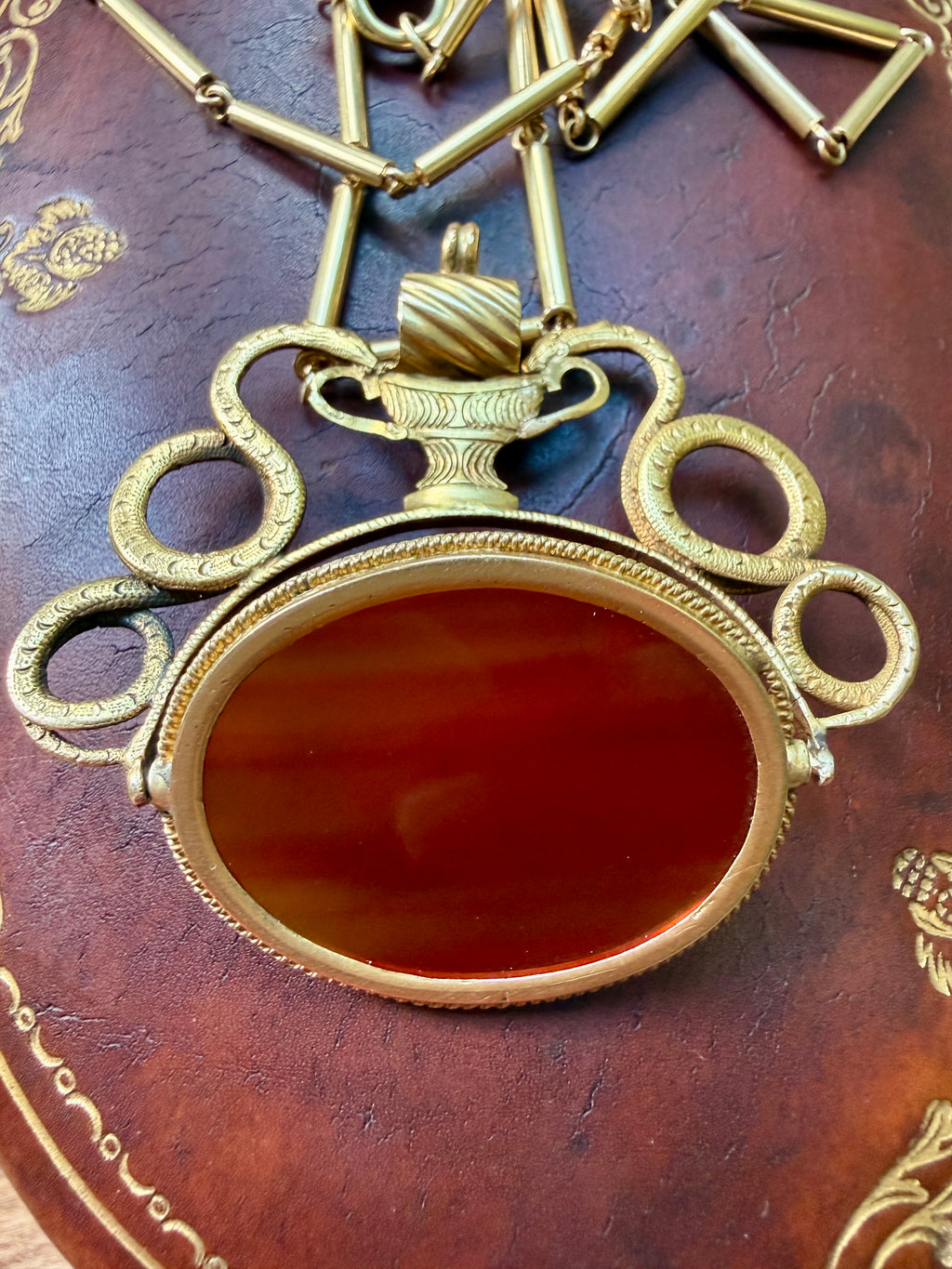 Antique Carnelian and 18k Gold Pendant with Heraldic Serpents
